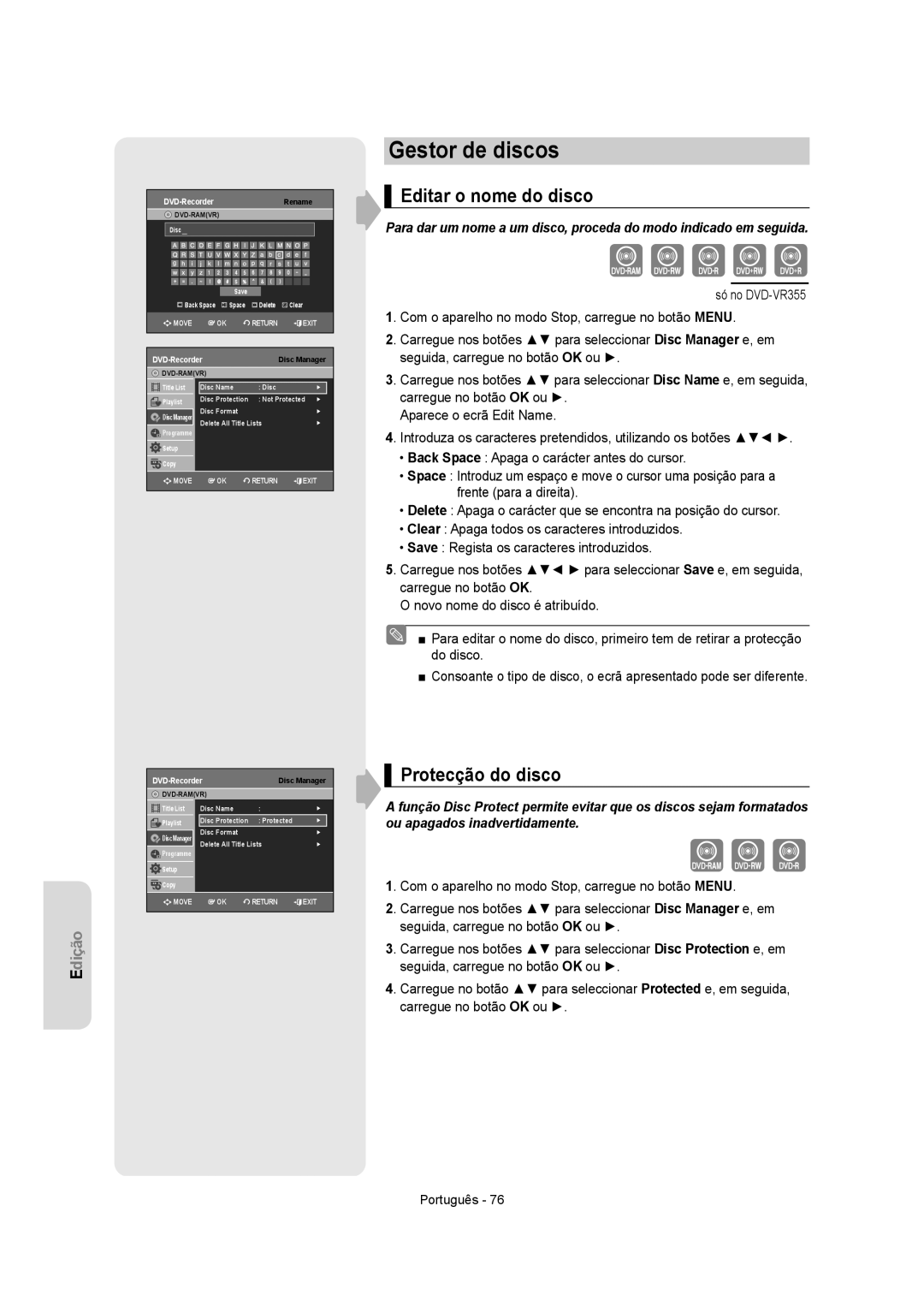 Samsung DVD-VR350/EUR, DVD-VR350/XEC, DVD-VR355/XEC manual Gestor de discos, Editar o nome do disco, Protecção do disco 