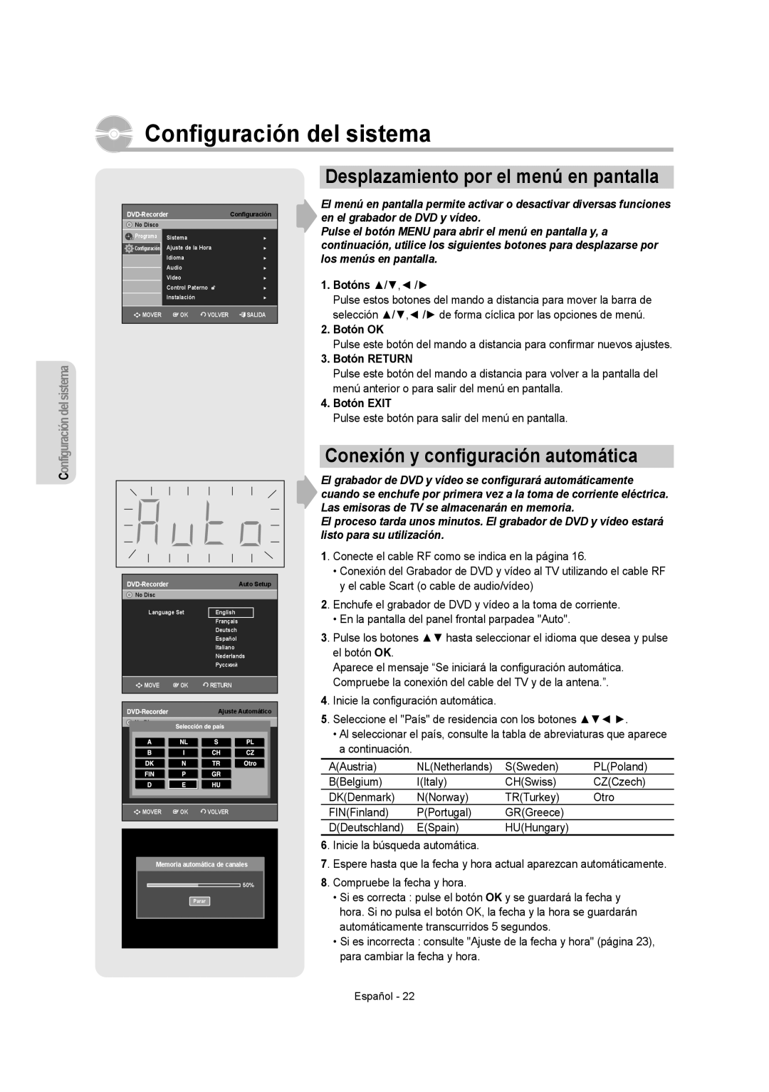 Samsung DVD-VR355/EUR Conﬁguración del sistema, Desplazamiento por el menú en pantalla, Conexión y conﬁguración automática 