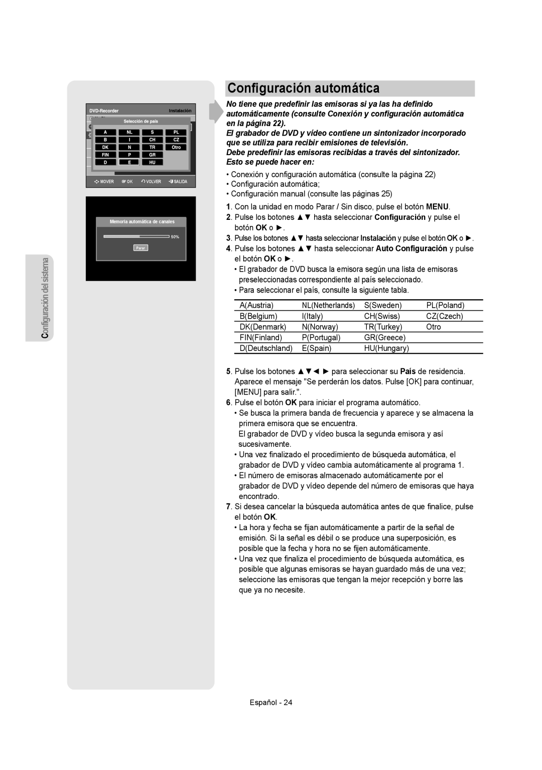 Samsung DVD-VR350/XEC, DVD-VR355/XEC, DVD-VR355/EUR, DVD-VR350/EUR manual Conﬁguración automática 