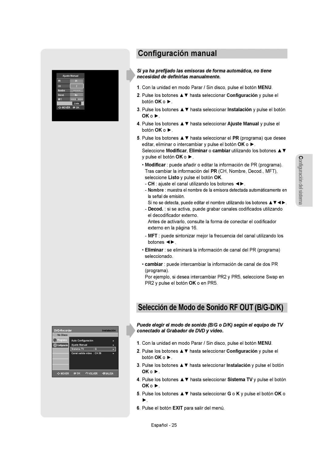 Samsung DVD-VR355/XEC, DVD-VR350/XEC, DVD-VR355/EUR, DVD-VR350/EUR Conﬁguración manual, DVD-RecorderInstalación 