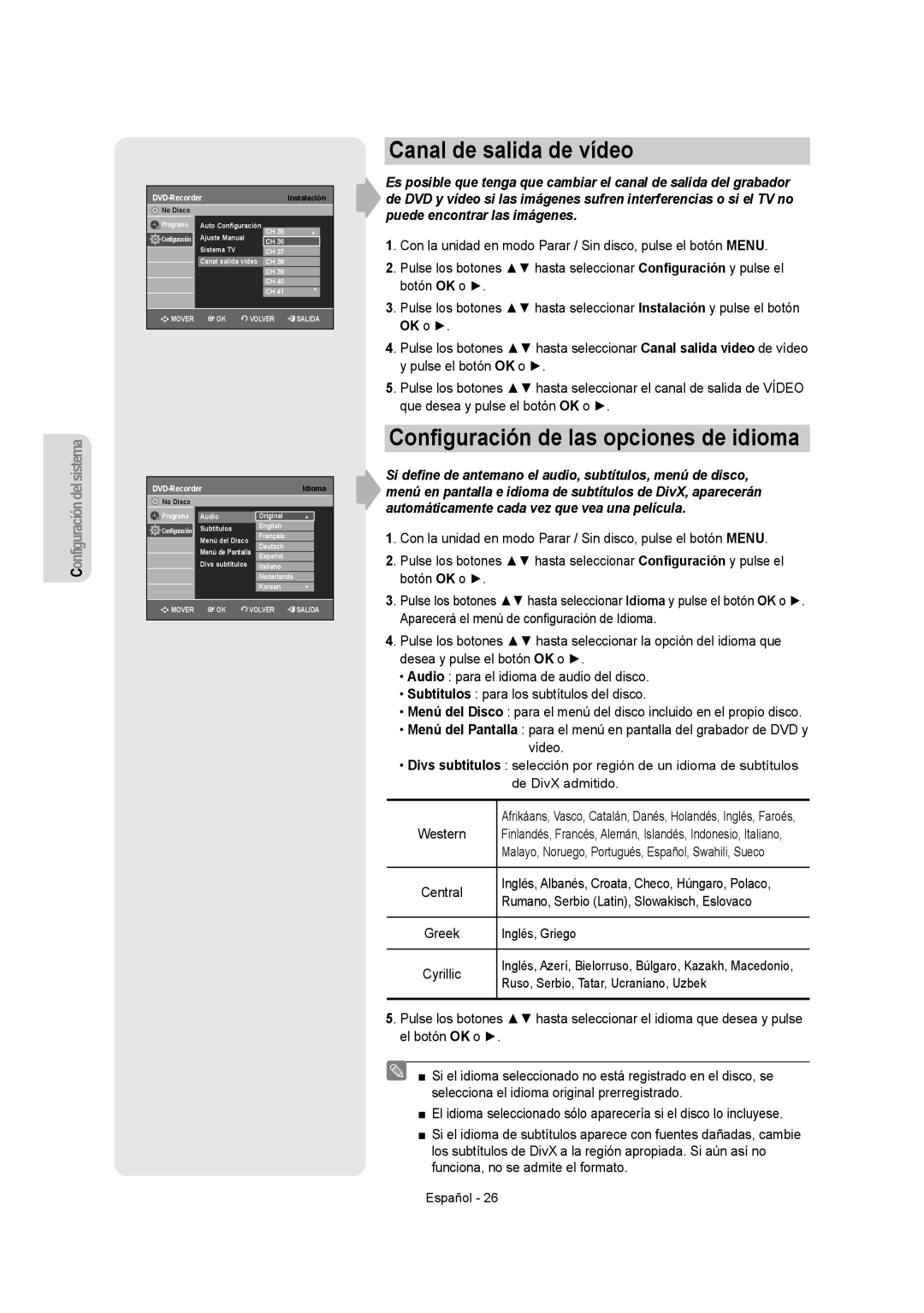 Samsung DVD-VR355/EUR, DVD-VR350/XEC, DVD-VR355/XEC manual Canal de salida de vídeo, Conﬁguración de las opciones de idioma 