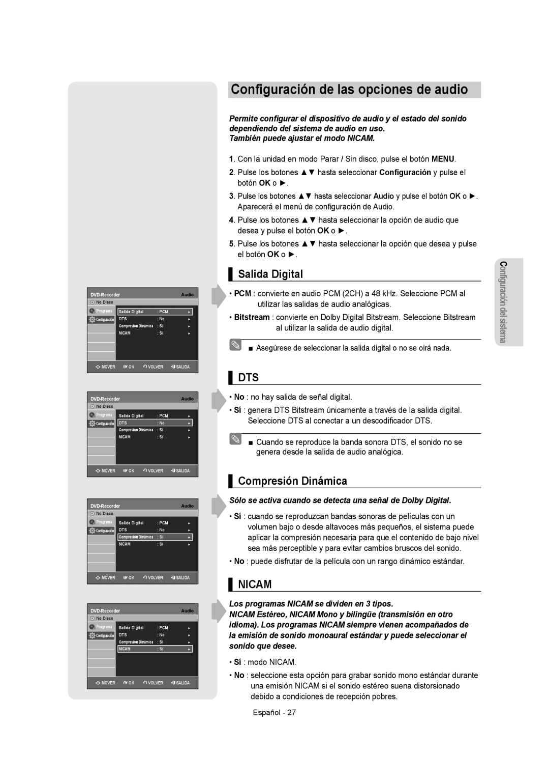 Samsung DVD-VR350/EUR, DVD-VR350/XEC manual Conﬁguración de las opciones de audio, Salida Digital, Compresión Dinámica 