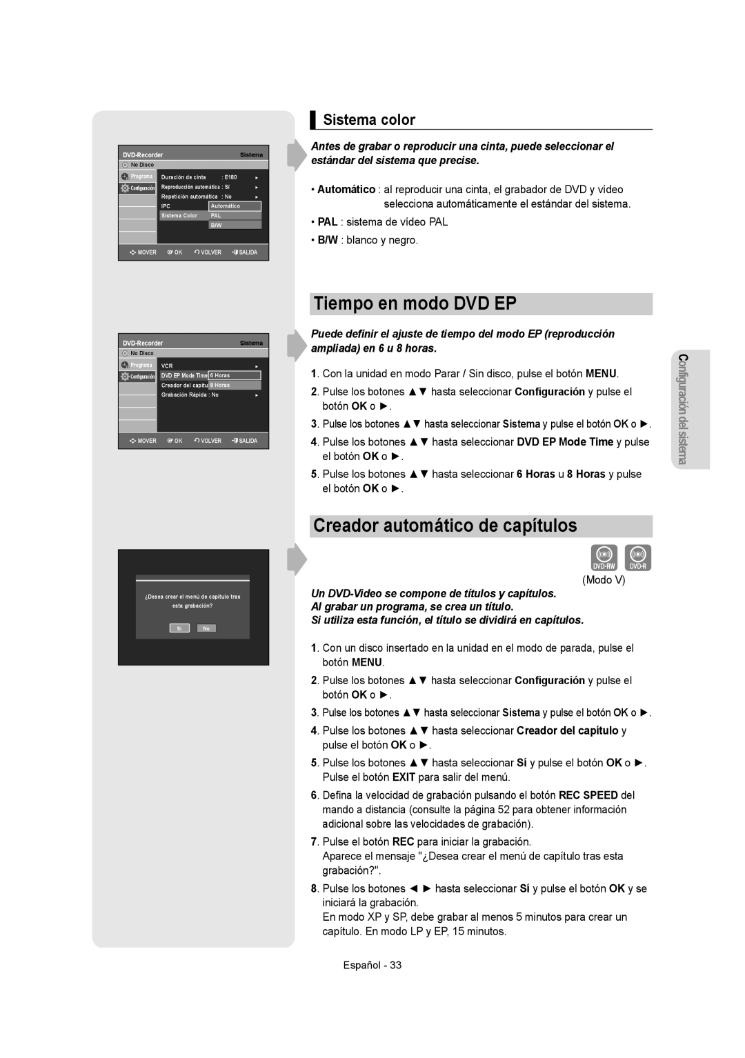 Samsung DVD-VR355/XEC, DVD-VR350/XEC manual Tiempo en modo DVD EP, Creador automático de capítulos, Sistema color, Modo 