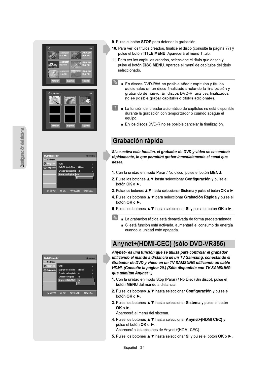 Samsung DVD-VR355/EUR, DVD-VR350/XEC, DVD-VR355/XEC, DVD-VR350/EUR manual Grabación rápida, Anynet+HDMI-CEC sólo DVD-VR355 