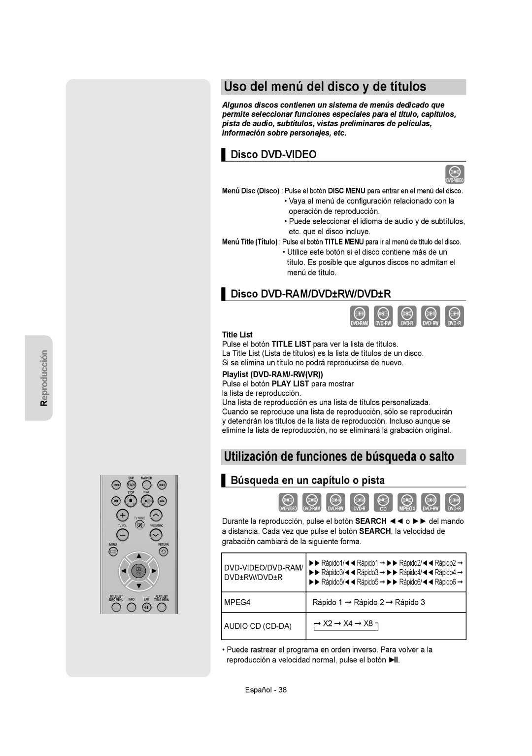 Samsung DVD-VR355/EUR, DVD-VR350/XEC manual Uso del menú del disco y de títulos, Disco DVD-VIDEO, Disco DVD-RAM/DVD±RW/DVD±R 
