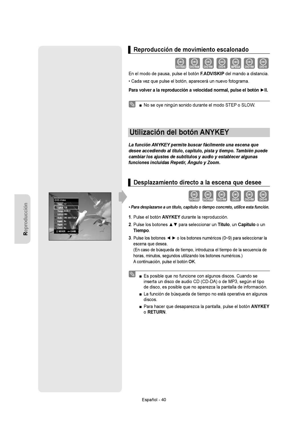 Samsung DVD-VR350/XEC, DVD-VR355/XEC manual Utilización del botón Anykey, Reproducción de movimiento escalonado, Tiempo 