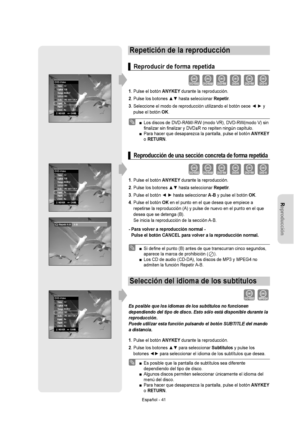 Samsung DVD-VR355/XEC Repetición de la reproducción, Selección del idioma de los subtítulos, Reproducir de forma repetida 