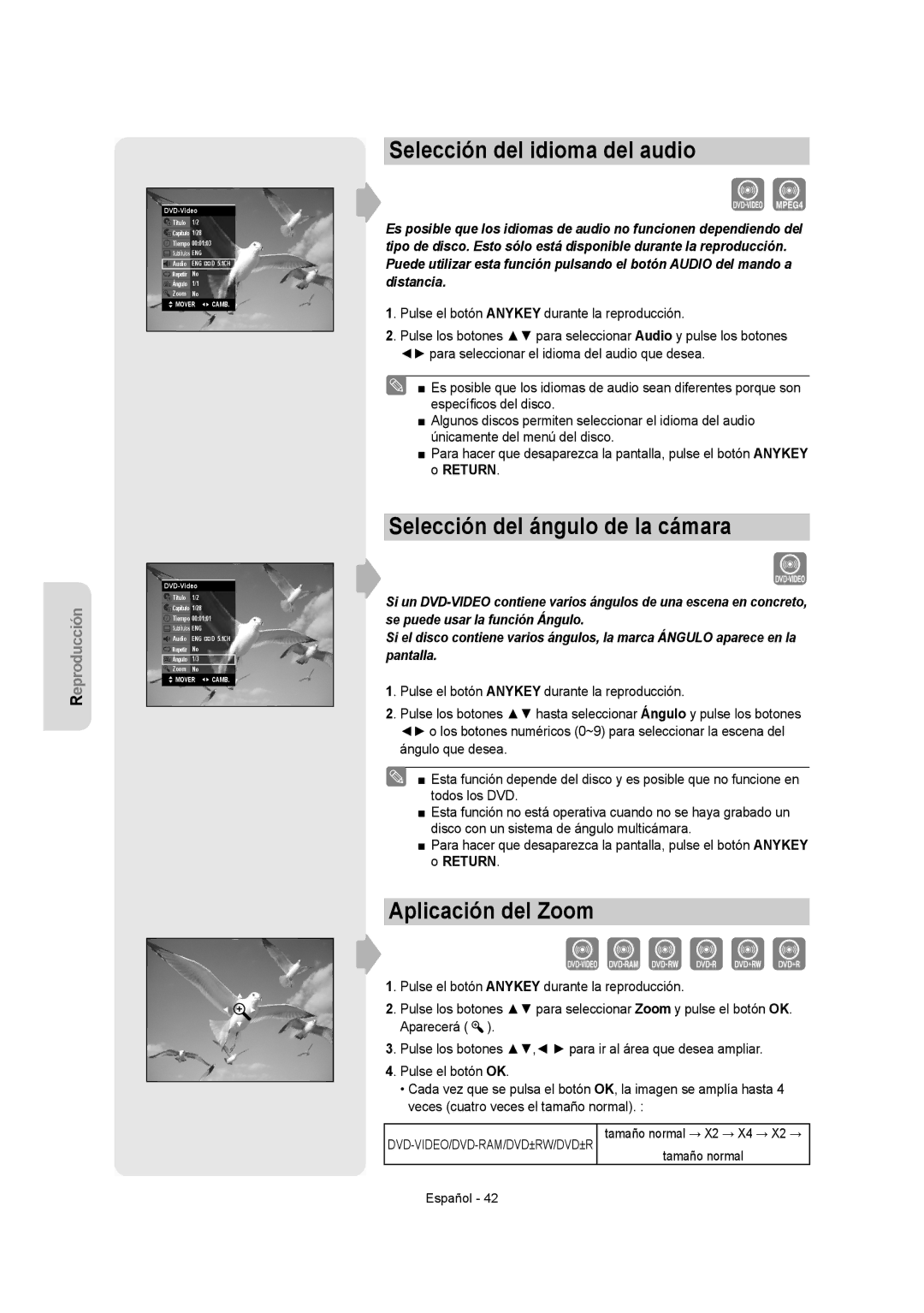 Samsung DVD-VR355/EUR manual Selección del idioma del audio, Selección del ángulo de la cámara, Aplicación del Zoom 