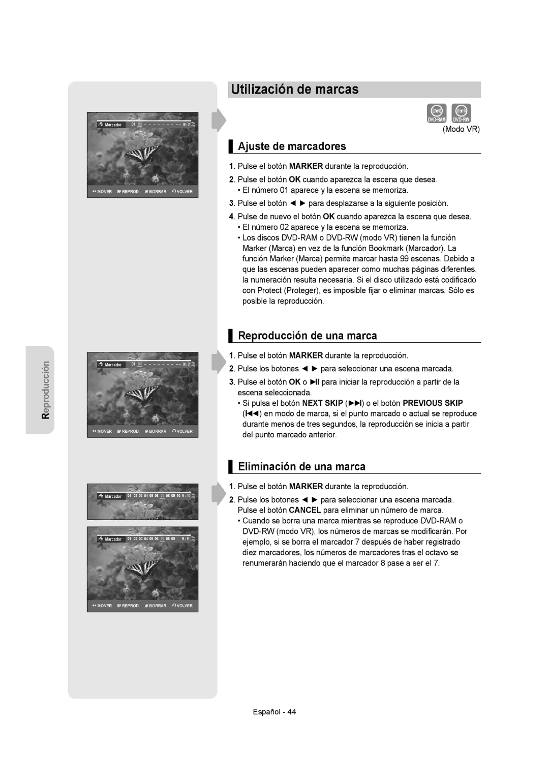 Samsung DVD-VR350/XEC Utilización de marcas, Ajuste de marcadores, Reproducción de una marca, Eliminación de una marca 