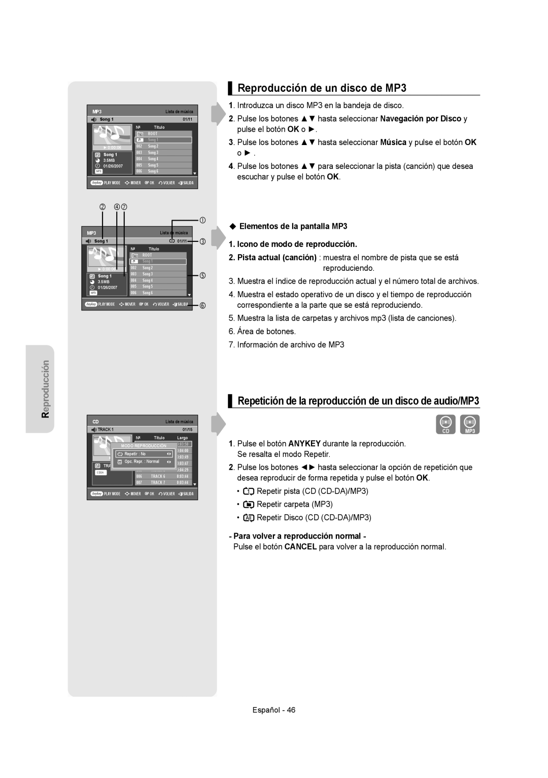 Samsung DVD-VR355/EUR manual Reproducción de un disco de MP3, Repetición de la reproducción de un disco de audio/MP3 