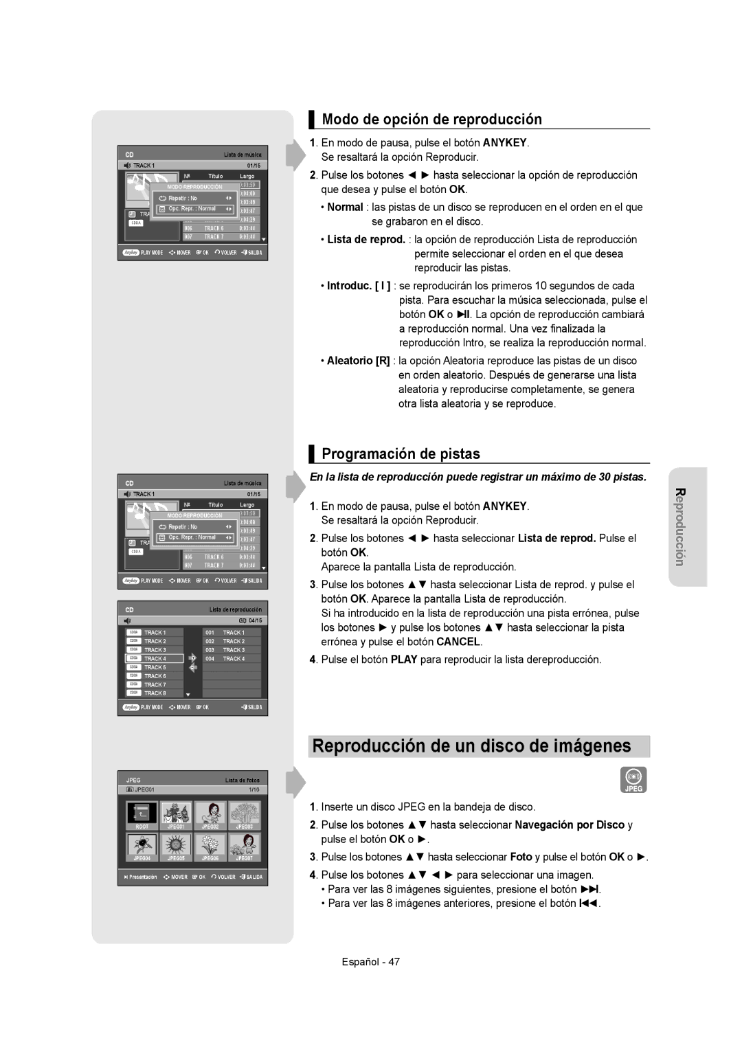 Samsung DVD-VR350/EUR manual Reproducción de un disco de imágenes, Modo de opción de reproducción, Programación de pistas 