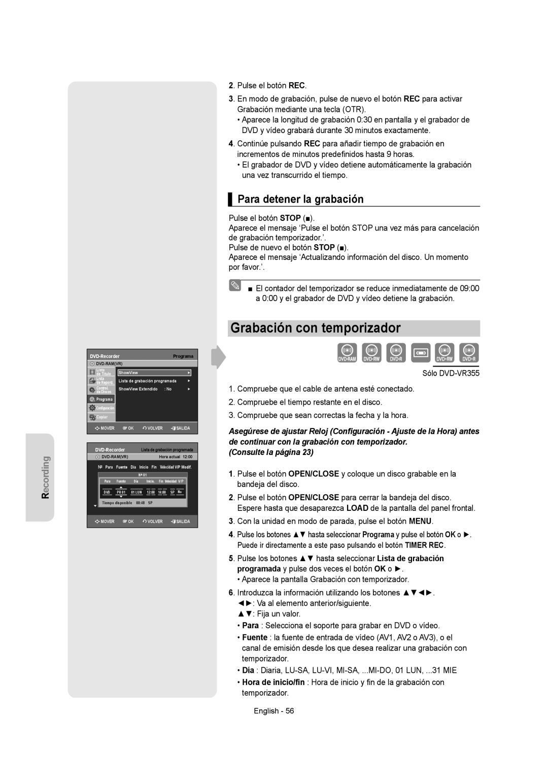 Samsung DVD-VR350/XEC, DVD-VR355/XEC, DVD-VR355/EUR, DVD-VR350/EUR Grabación con temporizador, Para detener la grabación 