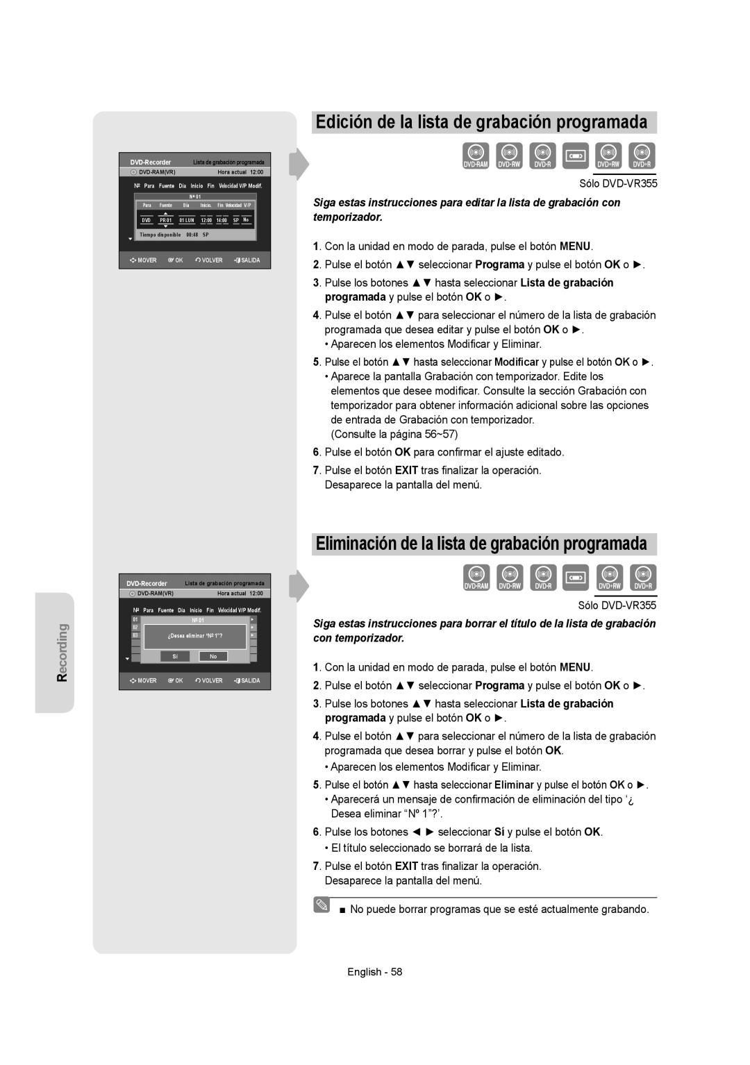 Samsung DVD-VR355/EUR, DVD-VR350/XEC, DVD-VR355/XEC, DVD-VR350/EUR manual Edición de la lista de grabación programada 