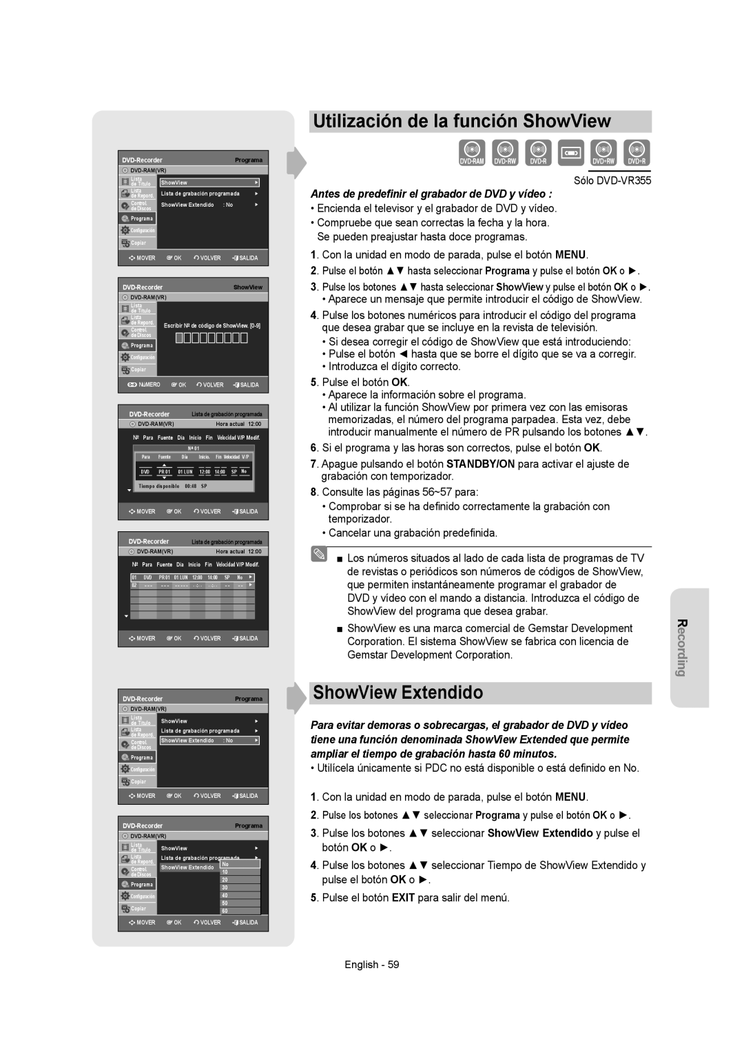 Samsung DVD-VR350/EUR, DVD-VR350/XEC, DVD-VR355/XEC, DVD-VR355/EUR Utilización de la función ShowView, ShowView Extendido 