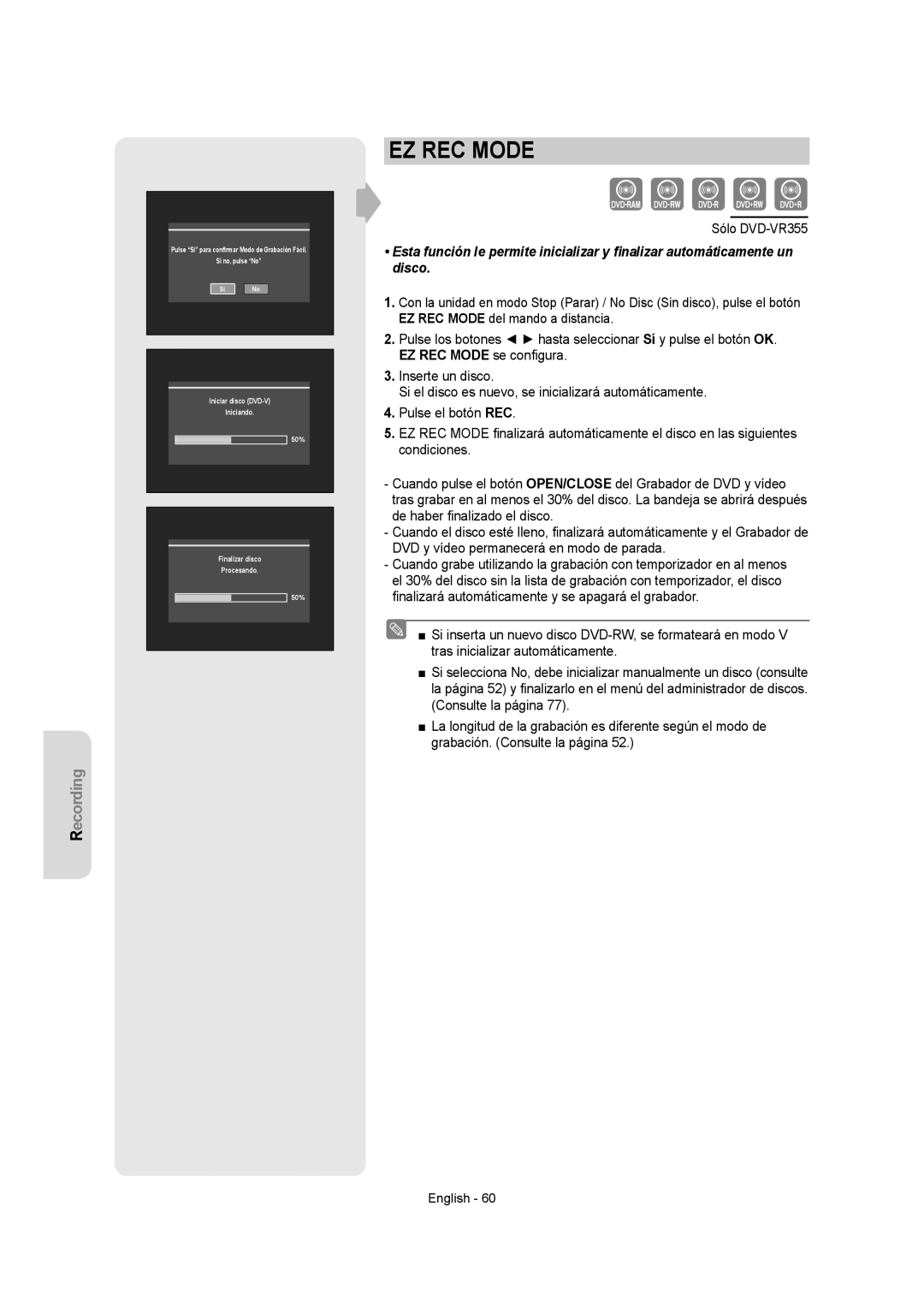 Samsung DVD-VR350/XEC, DVD-VR355/XEC, DVD-VR355/EUR, DVD-VR350/EUR manual EZ REC Mode 