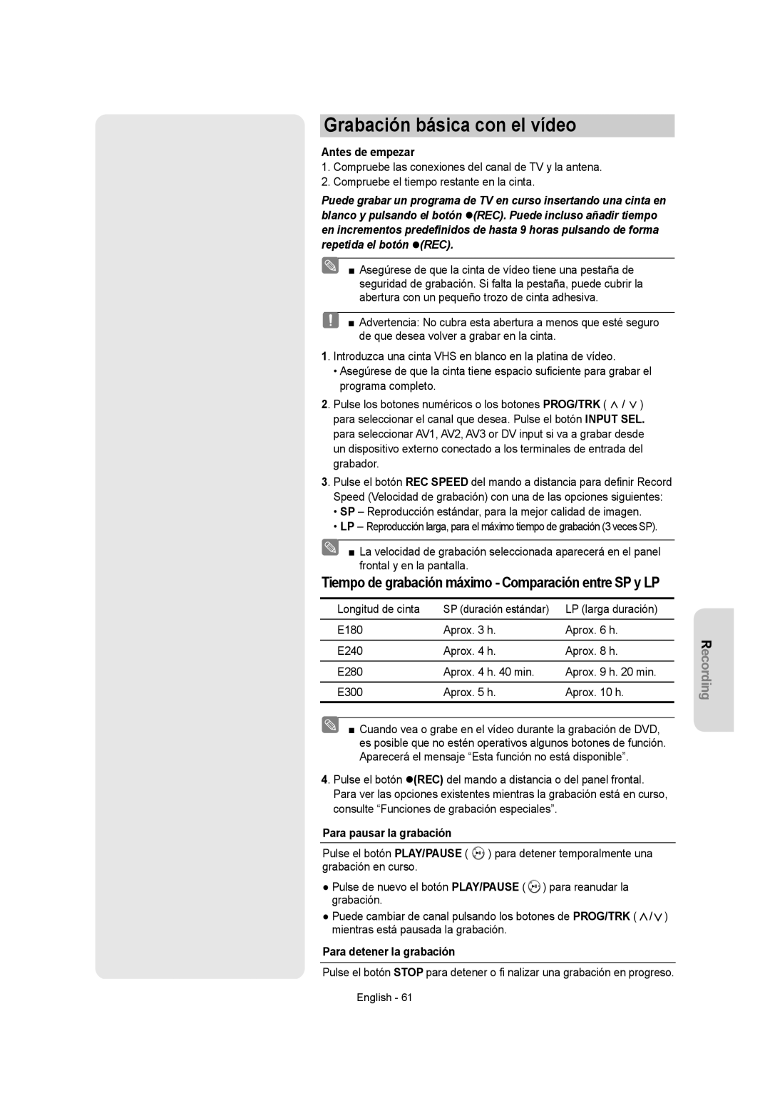 Samsung DVD-VR355/XEC, DVD-VR350/XEC Grabación básica con el vídeo, Antes de empezar, E240 Aprox h E300 E280 Aprox h min 