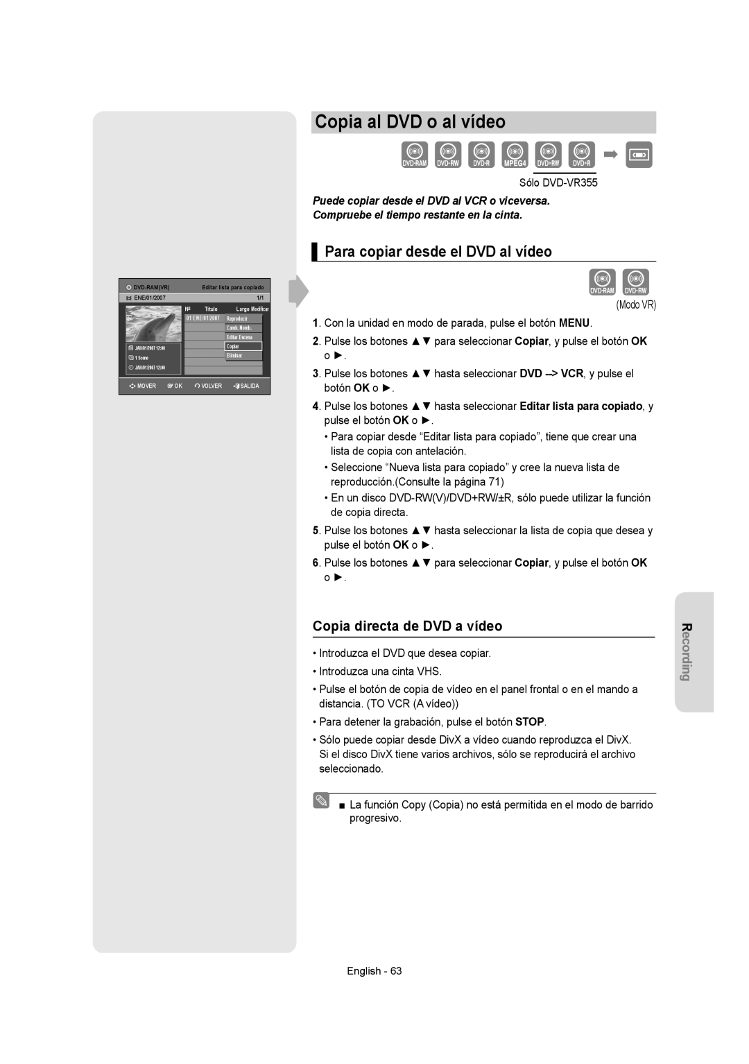 Samsung DVD-VR350/EUR manual Copia al DVD o al vídeo, Para copiar desde el DVD al vídeo, Copia directa de DVD a vídeo 