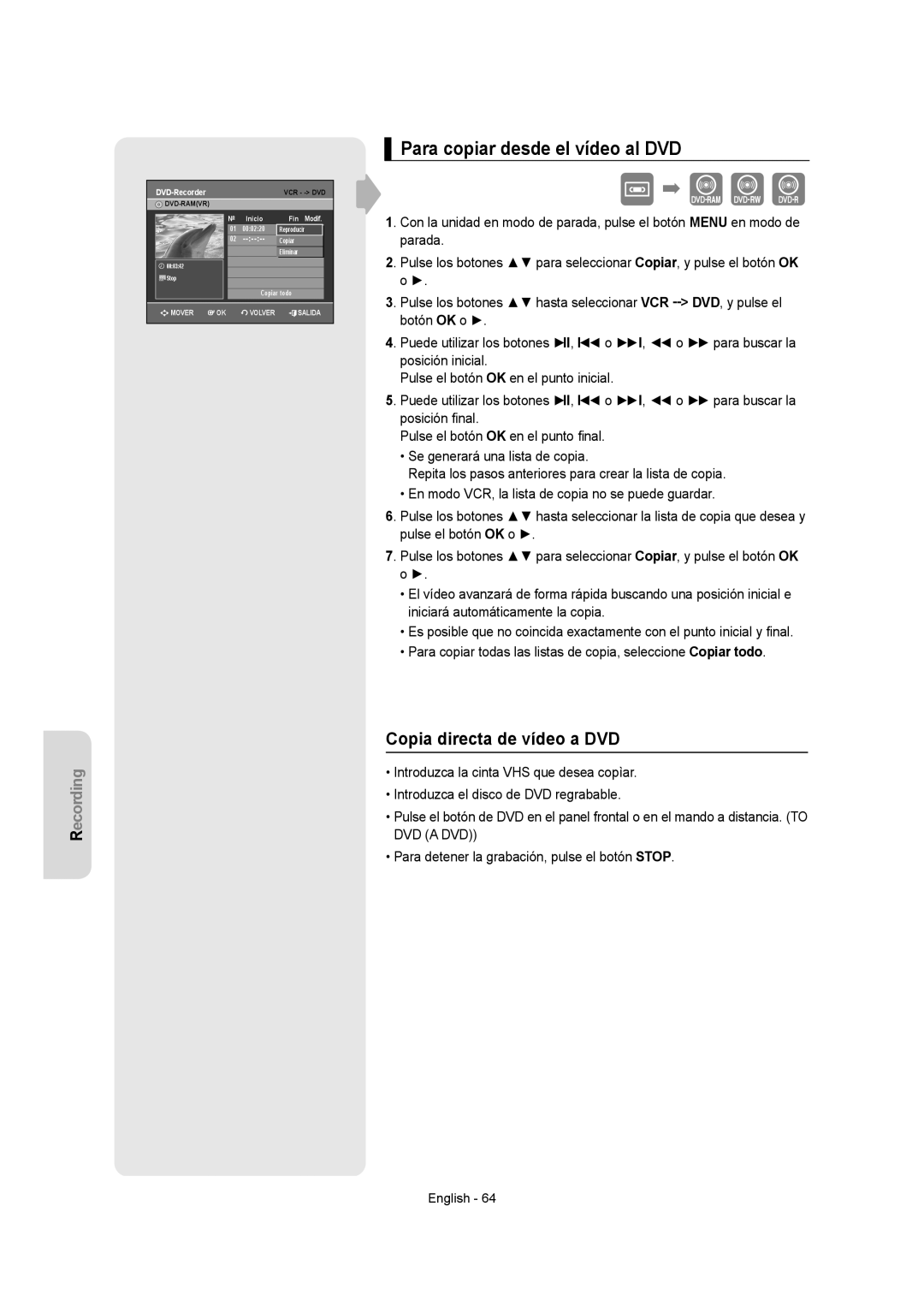 Samsung DVD-VR350/XEC, DVD-VR355/XEC, DVD-VR355/EUR manual Para copiar desde el vídeo al DVD, Copia directa de vídeo a DVD 