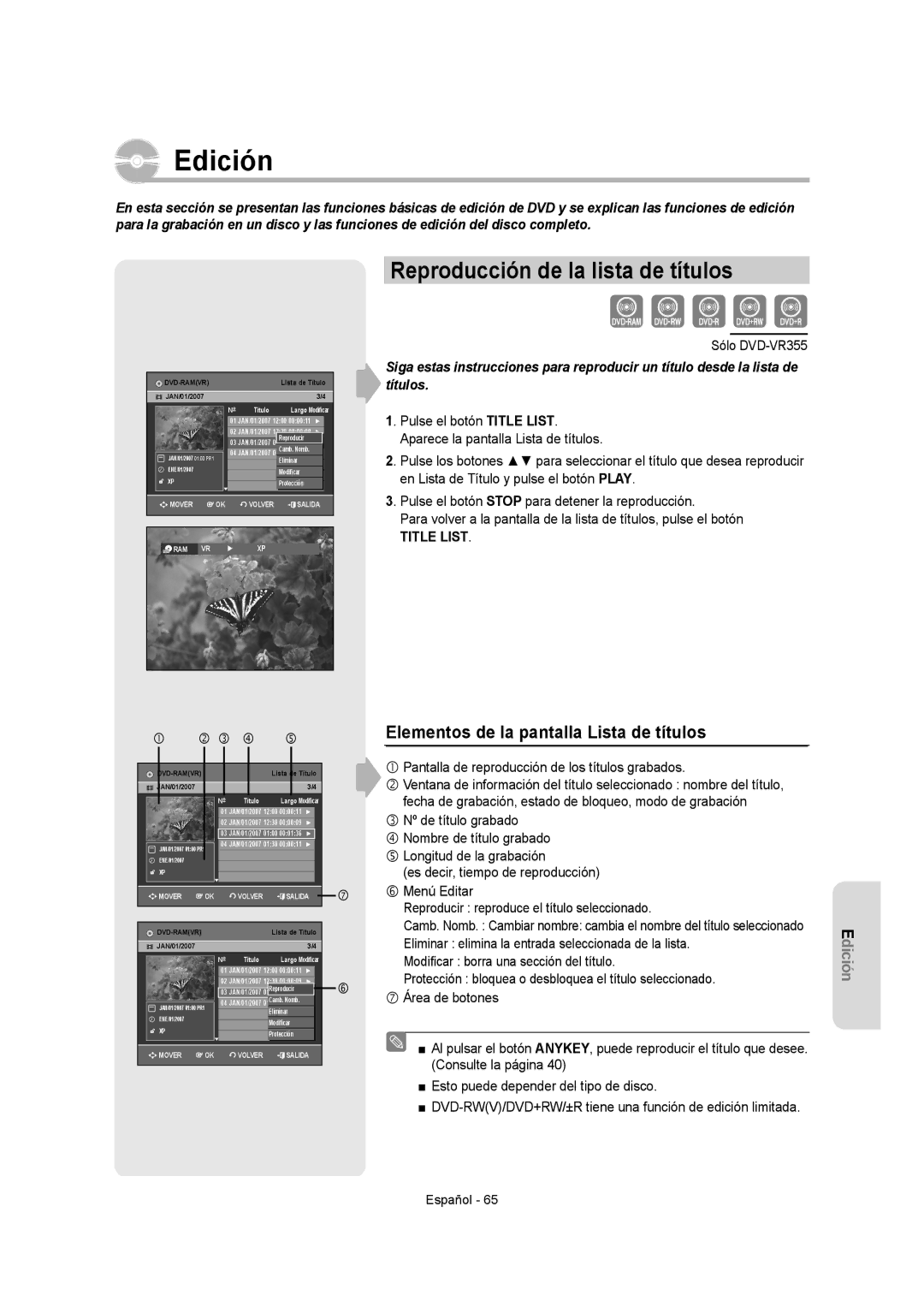 Samsung DVD-VR355/XEC manual Edición, Reproducción de la lista de títulos, Elementos de la pantalla Lista de títulos 