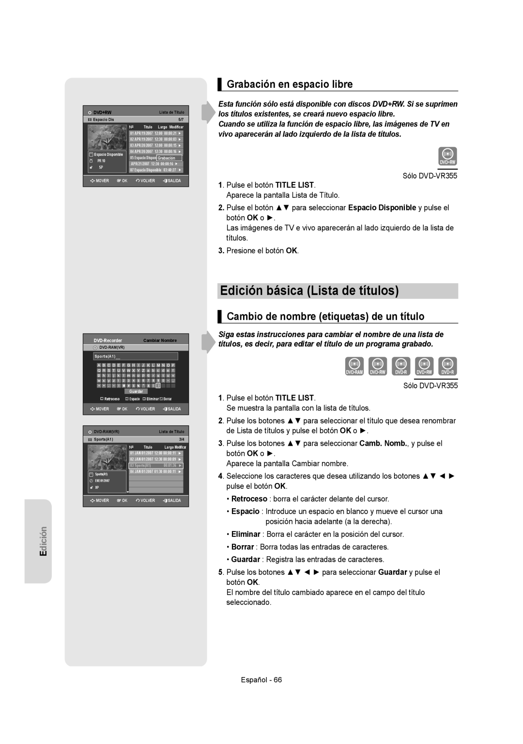 Samsung DVD-VR355/EUR Edición básica Lista de títulos, Grabación en espacio libre, Cambio de nombre etiquetas de un título 