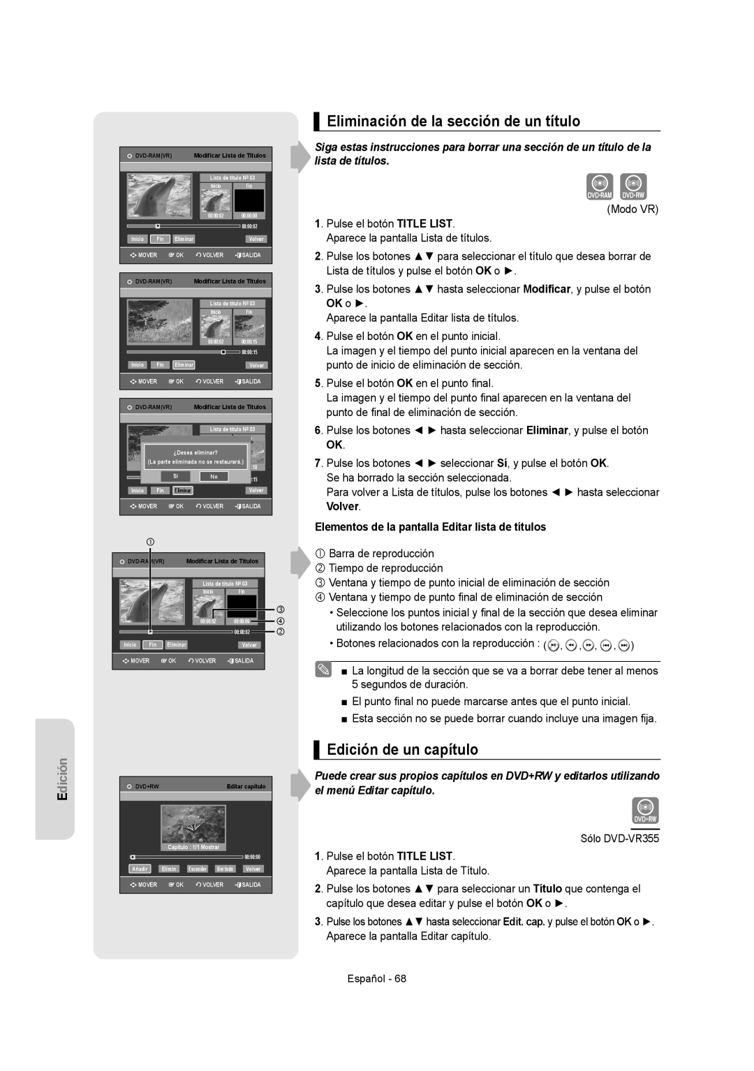 Samsung DVD-VR350/XEC, DVD-VR355/XEC, DVD-VR355/EUR manual Eliminación de la sección de un título, Edición de un capítulo 