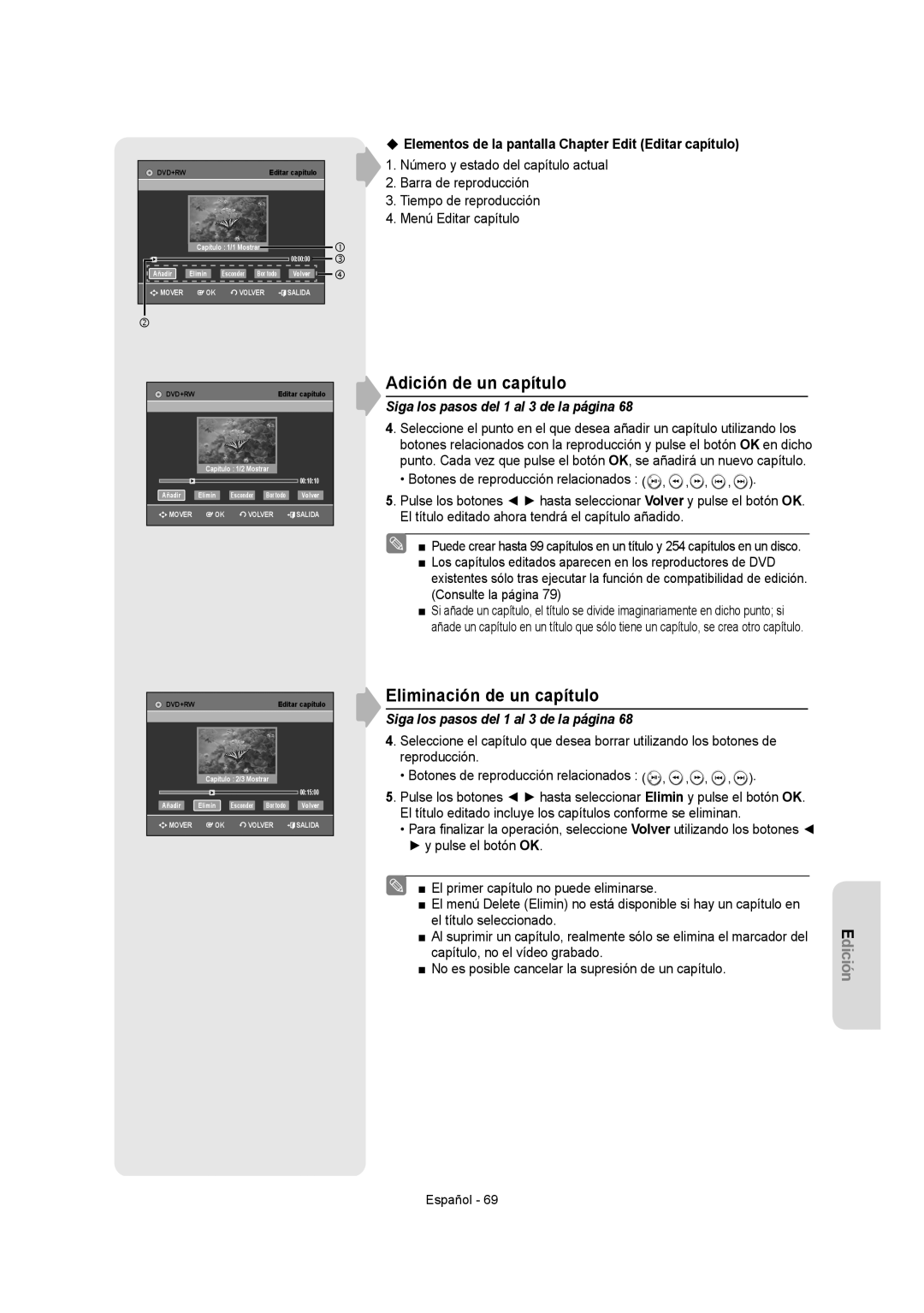 Samsung DVD-VR355/XEC manual Adición de un capítulo, Eliminación de un capítulo, Número y estado del capítulo actual 