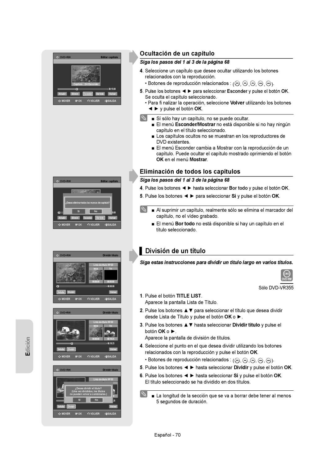 Samsung DVD-VR355/EUR, DVD-VR350/XEC División de un título, Ocultación de un capítulo, Eliminación de todos los capítulos 