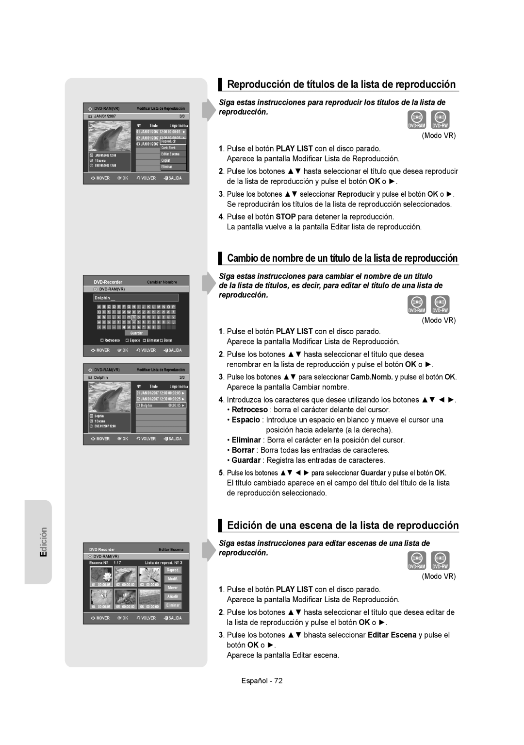 Samsung DVD-VR350/XEC, DVD-VR355/XEC, DVD-VR355/EUR, DVD-VR350/EUR manual Reproducción de títulos de la lista de reproducción 