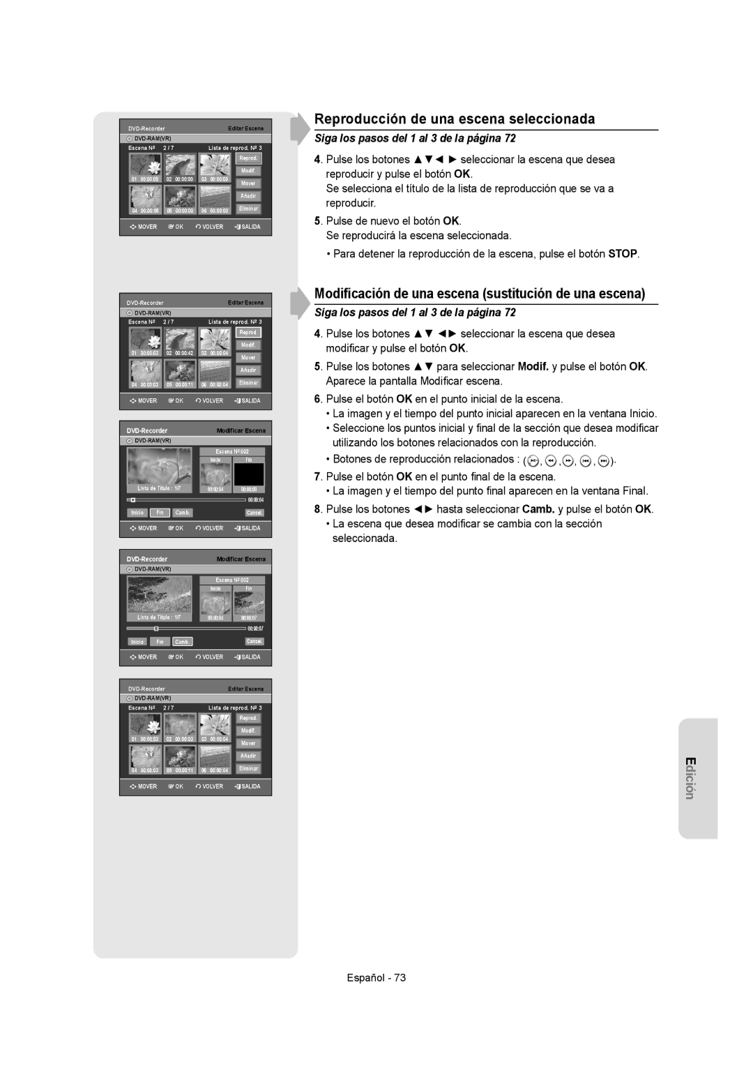 Samsung DVD-VR355/XEC manual Reproducción de una escena seleccionada, Modiﬁcación de una escena sustitución de una escena 