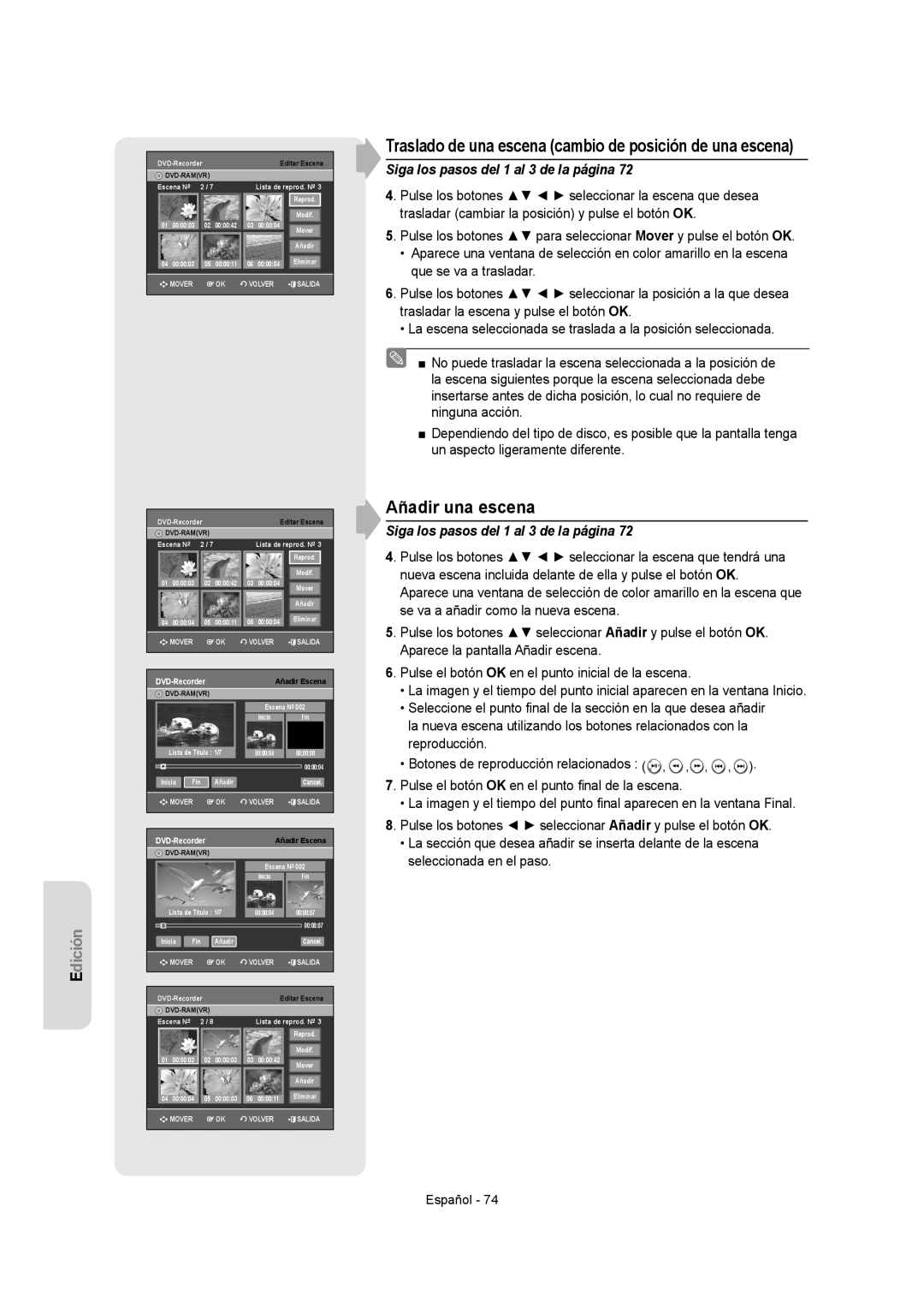 Samsung DVD-VR355/EUR, DVD-VR350/XEC manual Añadir una escena, Traslado de una escena cambio de posición de una escena 