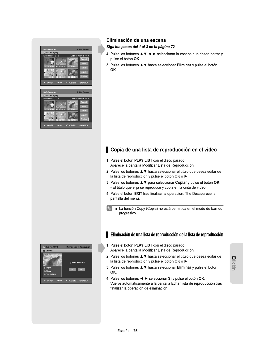 Samsung DVD-VR350/EUR, DVD-VR350/XEC manual Copia de una lista de reproducción en el vídeo, Eliminación de una escena 