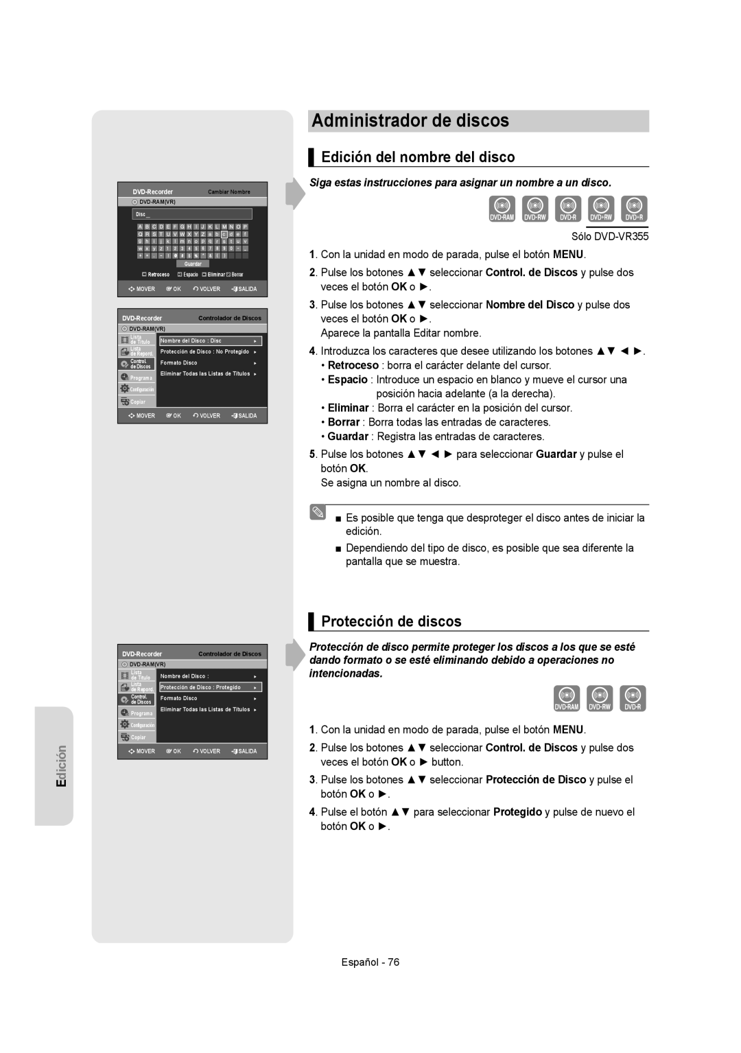 Samsung DVD-VR350/XEC, DVD-VR355/XEC manual Administrador de discos, Edición del nombre del disco, Protección de discos 