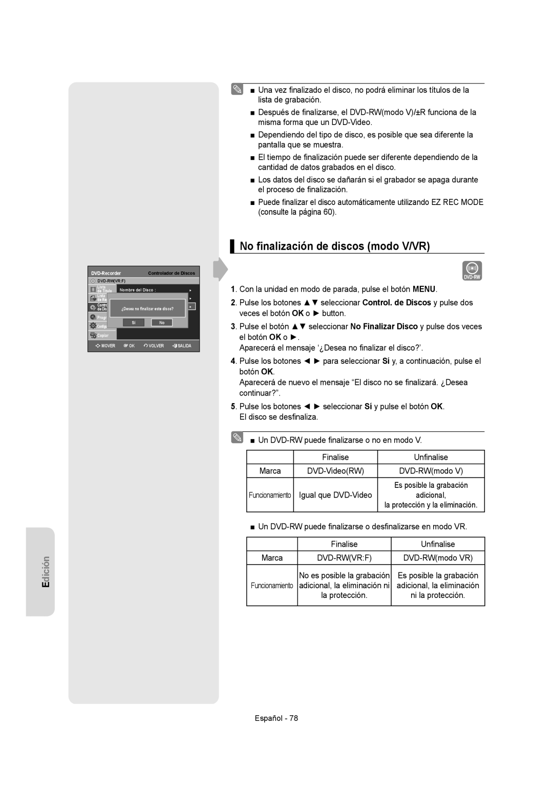 Samsung DVD-VR355/EUR, DVD-VR350/XEC, DVD-VR355/XEC, DVD-VR350/EUR manual No ﬁnalización de discos modo V/VR, Dvd-Rwvrf 