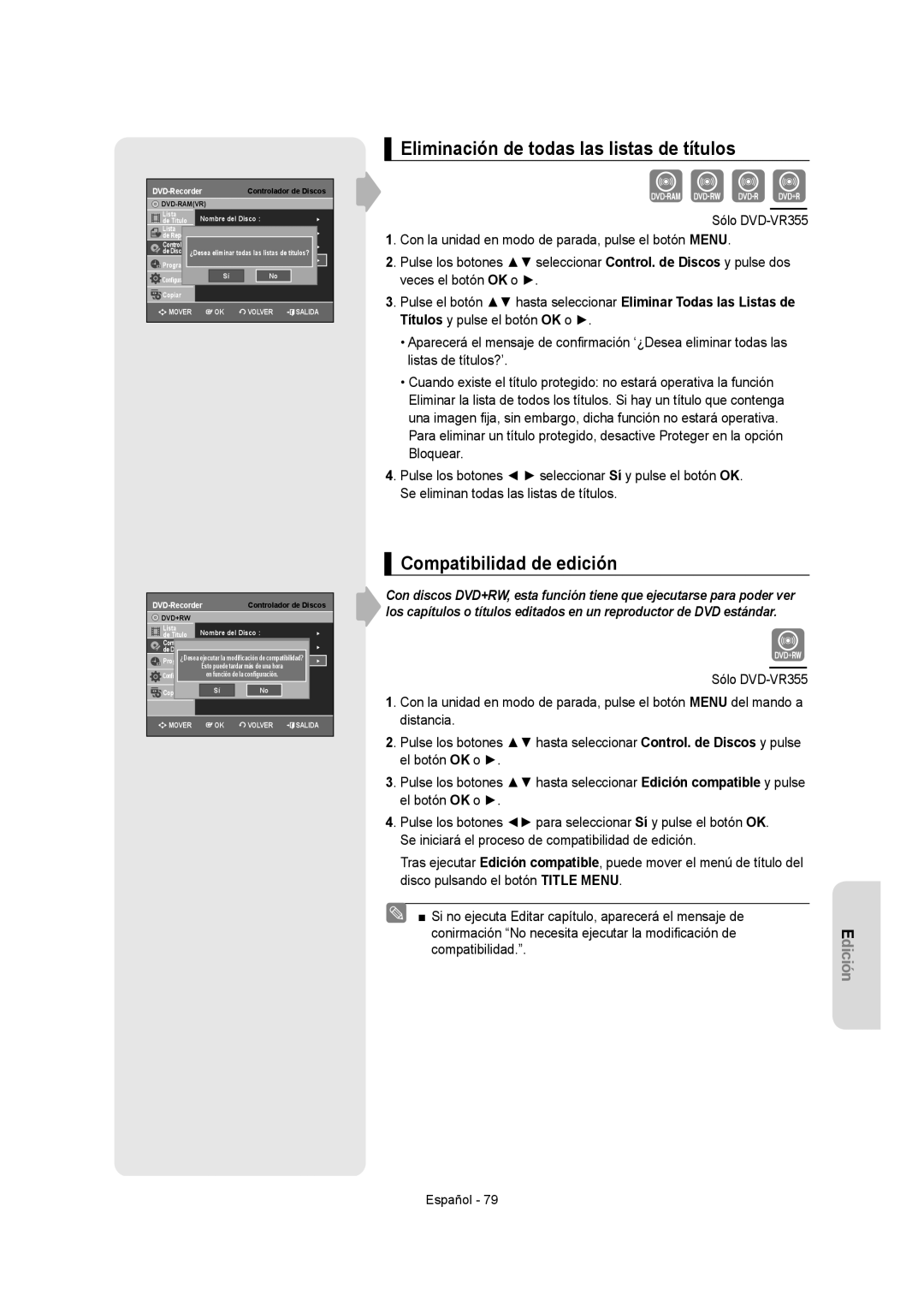 Samsung DVD-VR350/EUR, DVD-VR350/XEC Eliminación de todas las listas de títulos, Compatibilidad de edición, El botón OK o 