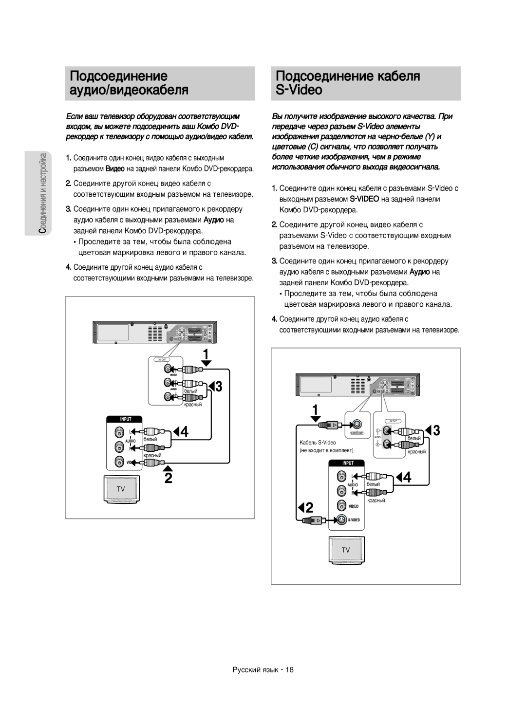 Samsung DVD-VR350/XEE manual Èó‰Òóâ‰Ëìâìëâ, ‡Û‰ËÓ/‚Ë‰ÂÓÍ‡·ÂÎﬂ Video, ËÓÂ‰ËÌËÚÂ Ó‰ËÌ ÍÓÌÂˆ ‚Ë‰ÂÓ Í‡·ÂÎﬂ Ò ‚˚ıÓ‰Ì˚Ï 