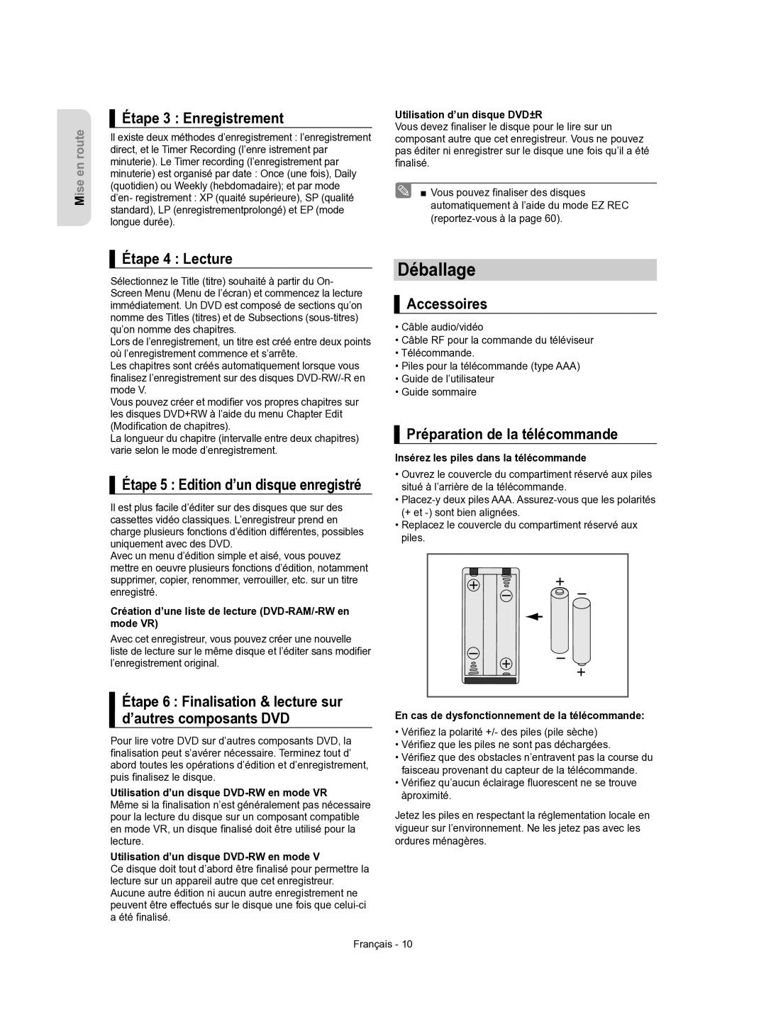 Samsung DVD-VR350/XEF manual Déballage 