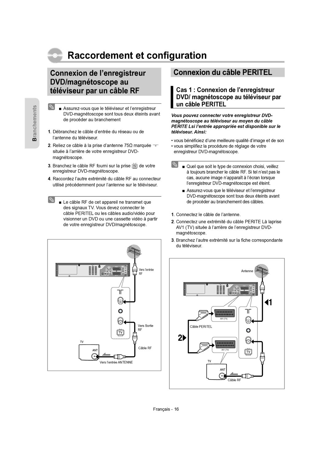 Samsung DVD-VR350/XEF manual Connexion du câble Peritel, Du téléviseur 