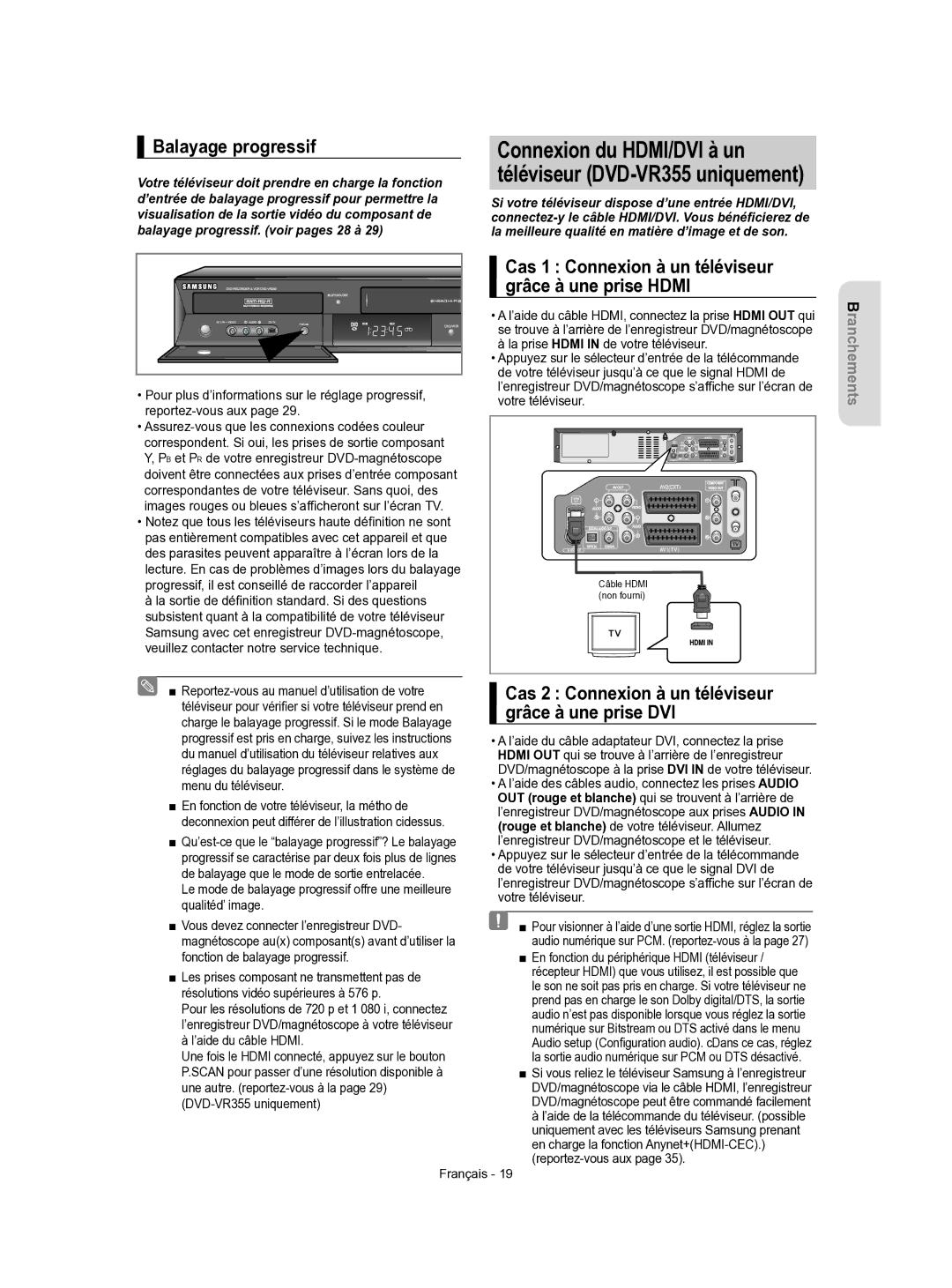 Samsung DVD-VR350/XEF manual Connexion du HDMI/DVI à un, Balayage progressif, Cas 1 Connexion à un téléviseur 