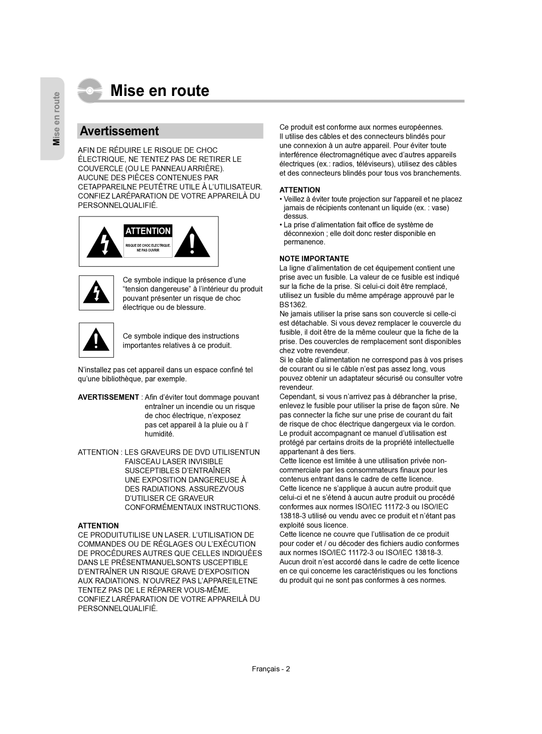 Samsung DVD-VR350/XEF manual Avertissement, Français 