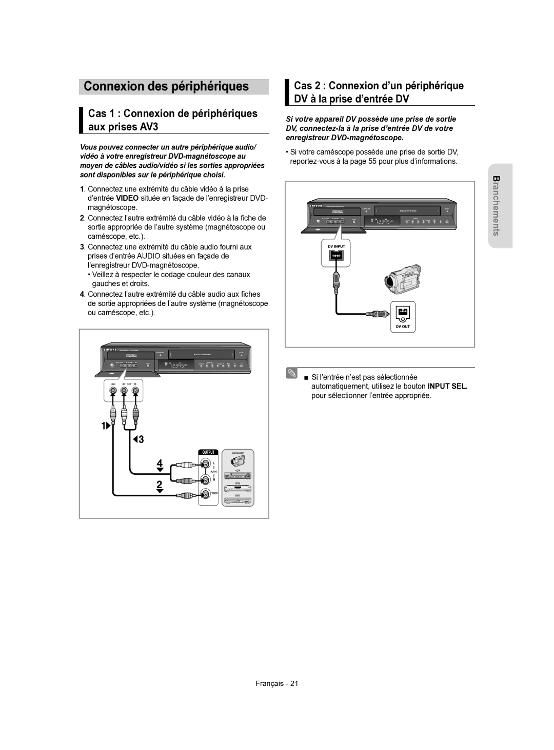 Samsung DVD-VR350/XEF Connexion des périphériques, Cas 1 Connexion de périphériques aux prises AV3, Ou caméscope, etc 