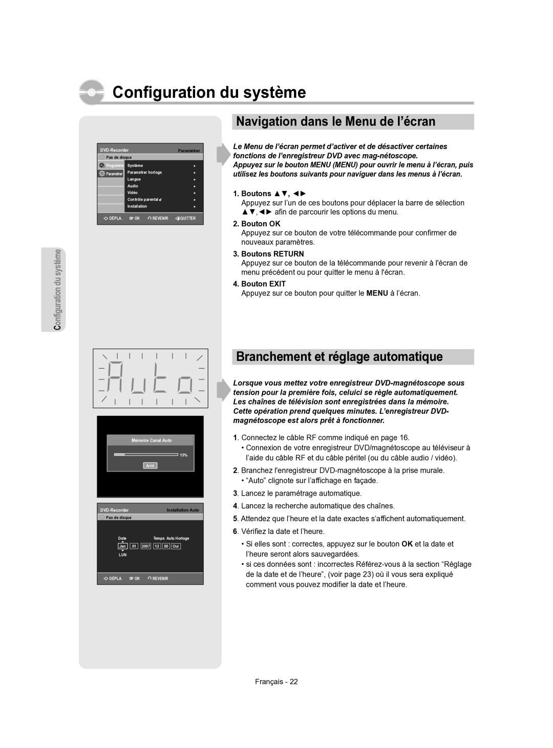 Samsung DVD-VR350/XEF manual Navigation dans le Menu de l’écran, Branchement et réglage automatique 