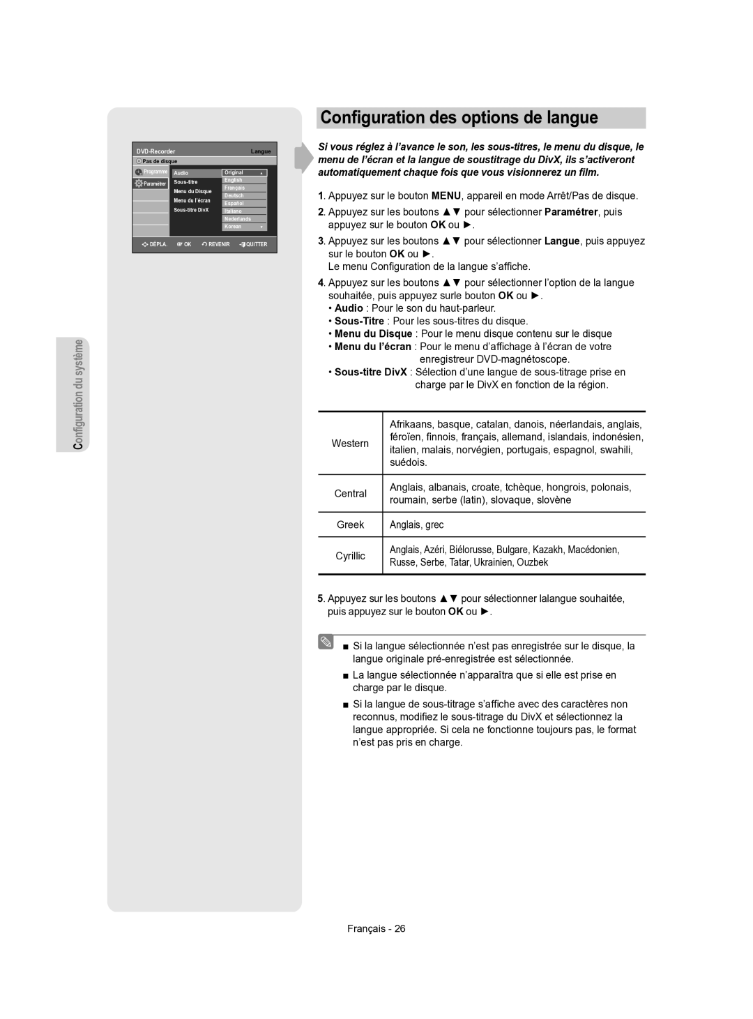 Samsung DVD-VR350/XEF manual Conﬁguration des options de langue, Italien, malais, norvégien, portugais, espagnol, swahili 