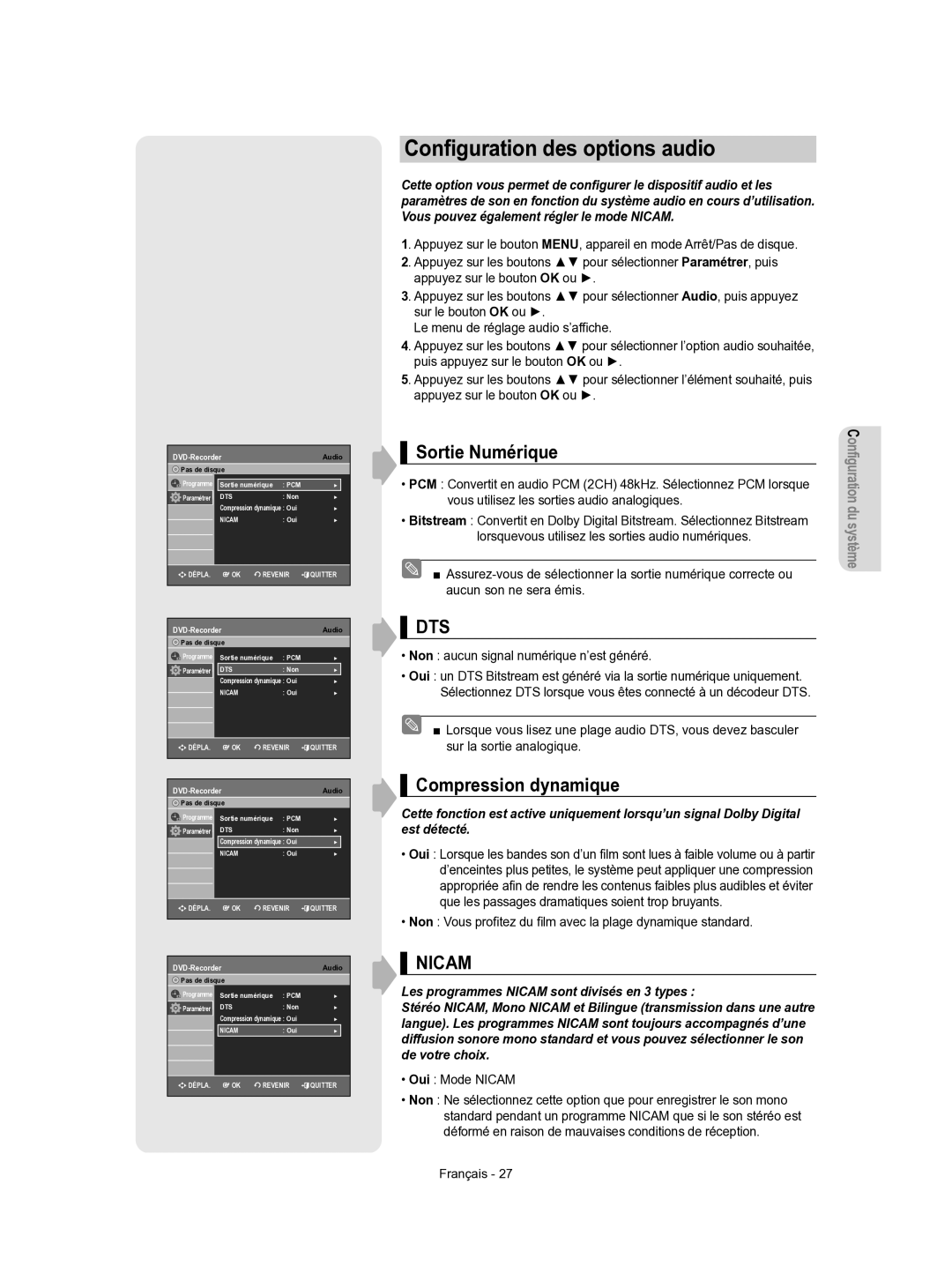 Samsung DVD-VR350/XEF manual Conﬁguration des options audio, Sortie Numérique, Compression dynamique 