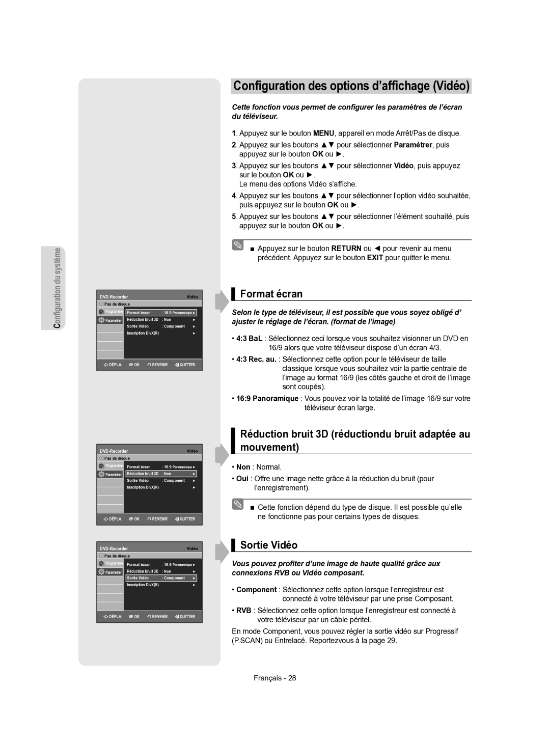 Samsung DVD-VR350/XEF manual Format écran, Réduction bruit 3D réductiondu bruit adaptée au mouvement, Sortie Vidéo 