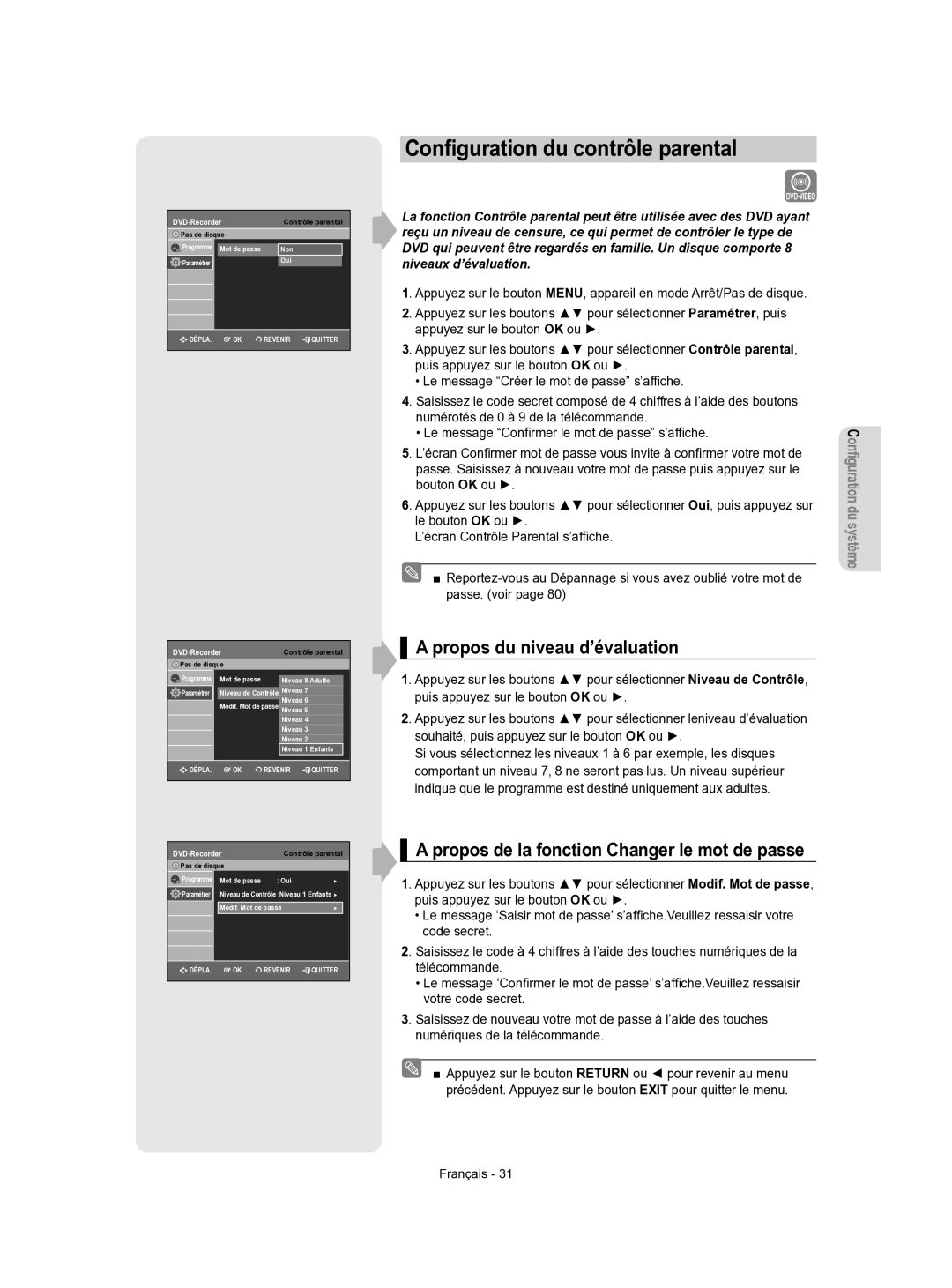 Samsung DVD-VR350/XEF manual Conﬁguration du contrôle parental, Propos du niveau d’évaluation 