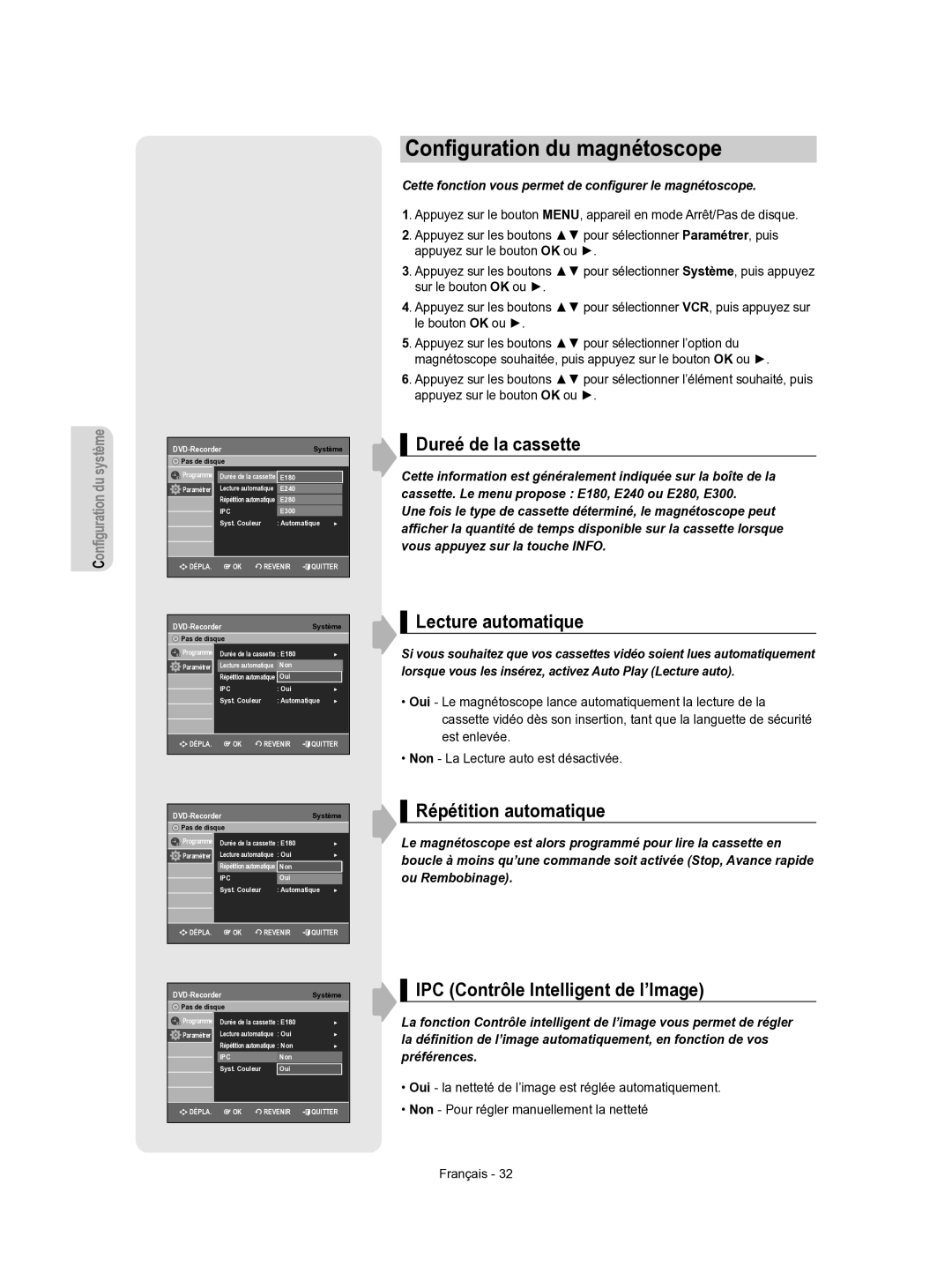 Samsung DVD-VR350/XEF Conﬁguration du magnétoscope, Dureé de la cassette, Lecture automatique, Répétition automatique 