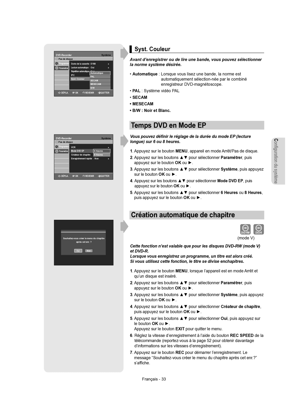 Samsung DVD-VR350/XEF manual Temps DVD en Mode EP, Création automatique de chapitre, Syst. Couleur, Noir et Blanc 