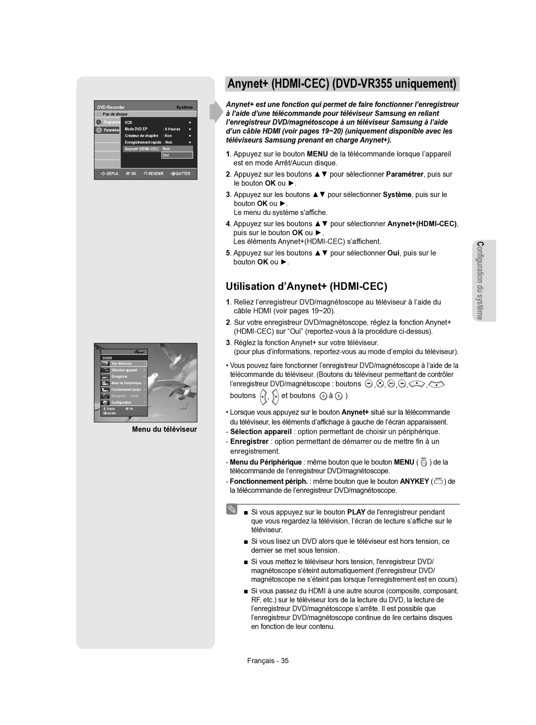 Samsung DVD-VR350/XEF manual Utilisation d’Anynet+ HDMI-CEC, Menu du téléviseur 