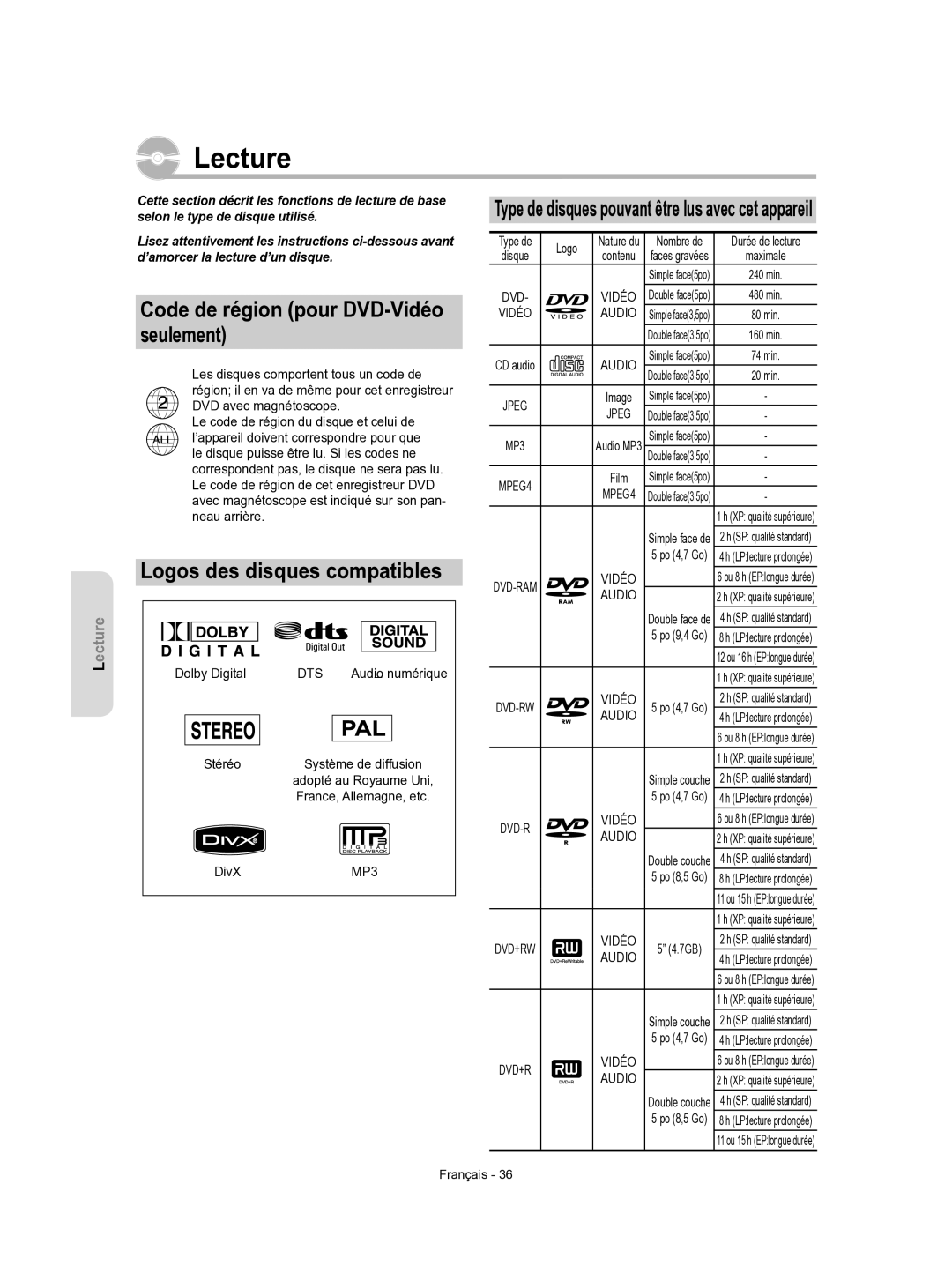 Samsung DVD-VR350/XEF manual Code de région pour DVD-Vidéo seulement, Logos des disques compatibles, Dts, Vidéo Audio 