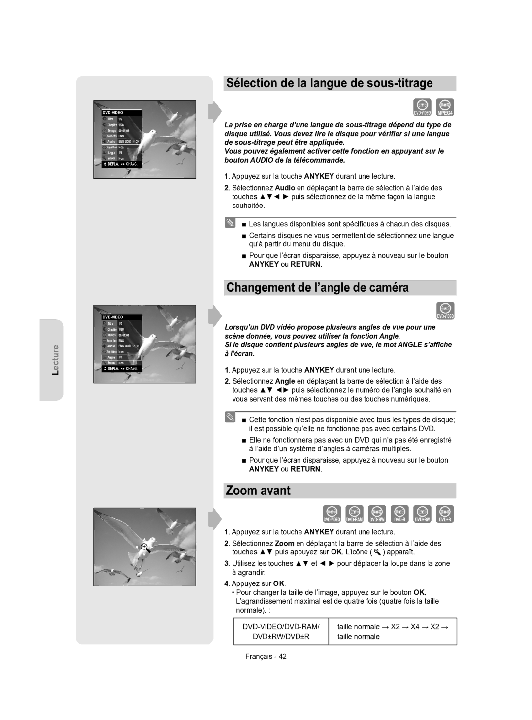 Samsung DVD-VR350/XEF manual Changement de l’angle de caméra, Zoom avant, Taille normale → X2 → X4 → X2 → 